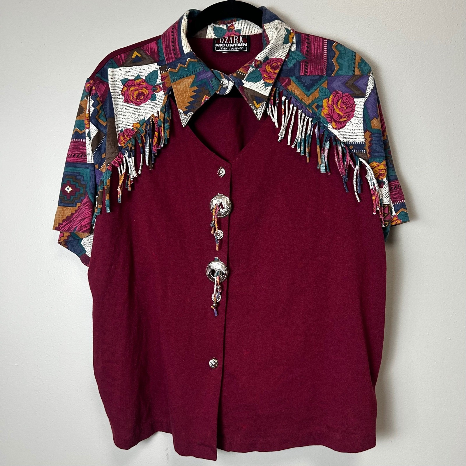 Ozark Mountain Vintage Western Shirt Womens 18/38 Burgundy Fringe Concho Floral