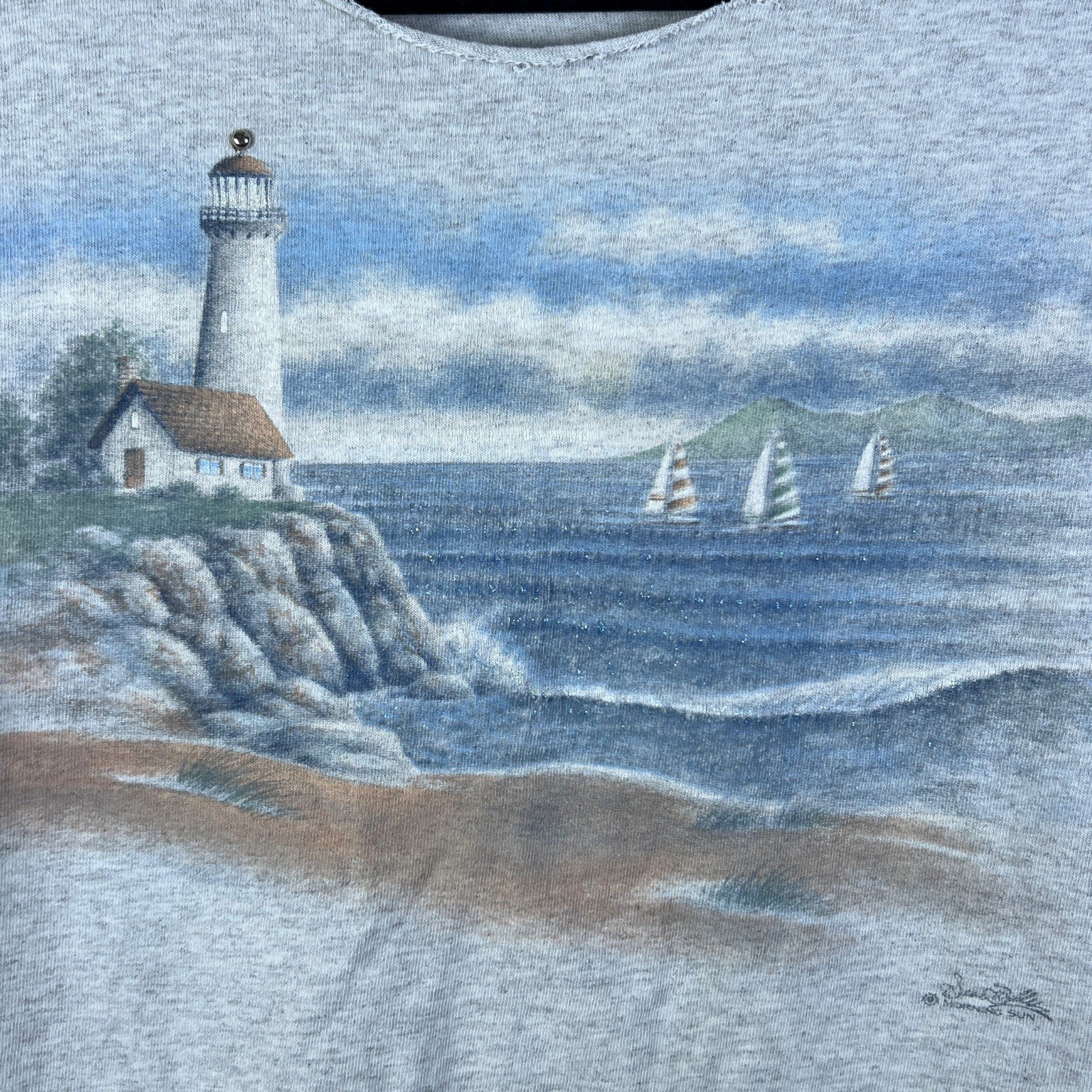 Vintage Morning Sun Lighthouse Graphic Tee Gray Raw Cut Crop Top Large 90s