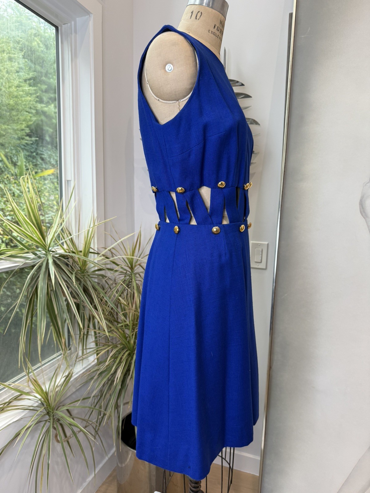 MOD Cut Out Waist Vintage 60s Shift Rayon Linen Dress Cardin Vibe Blue Italy
