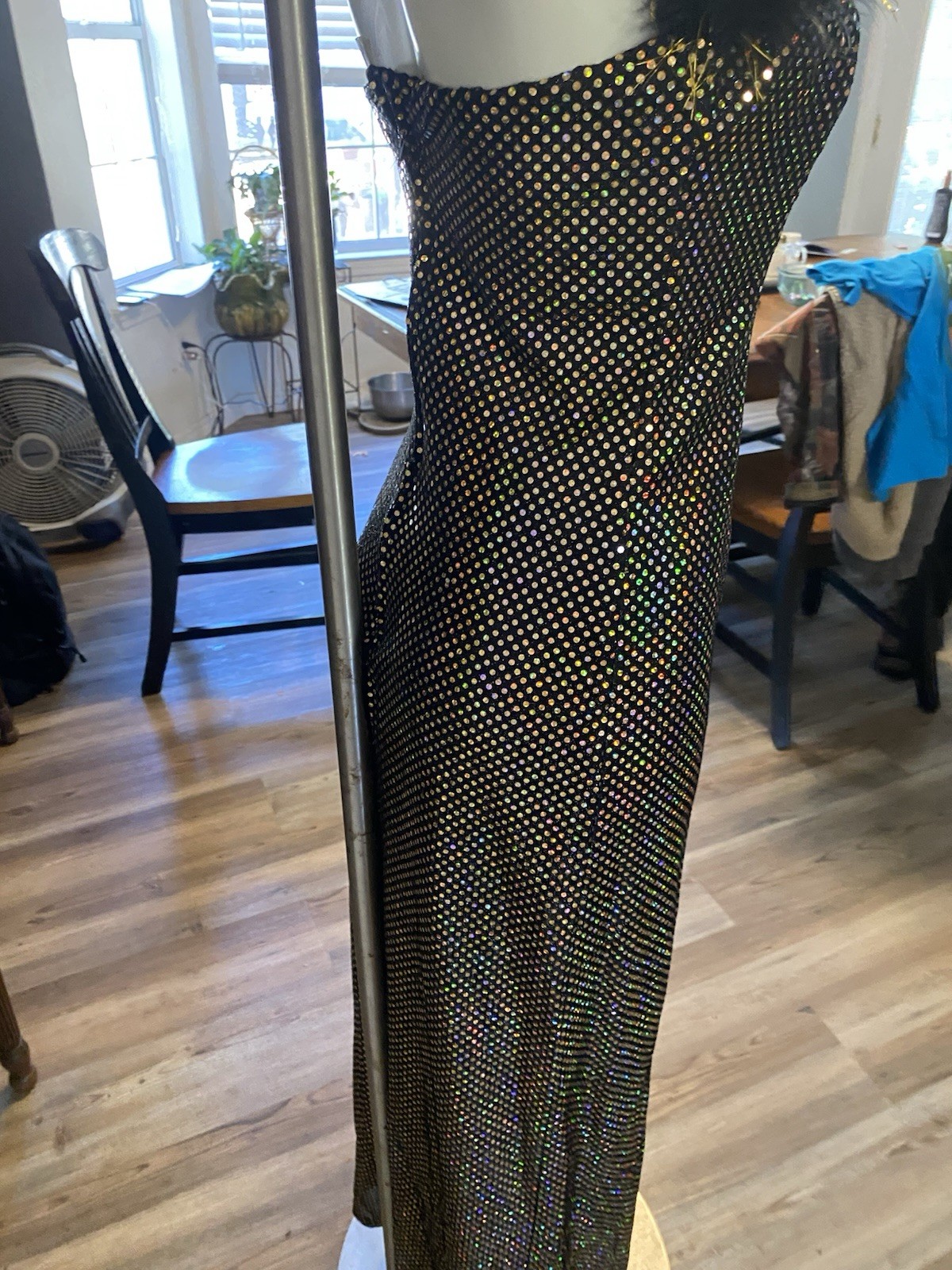 Vintage Green Land Glamour Hollywood Evening Dress Gold Dots Feather Trim Sz M