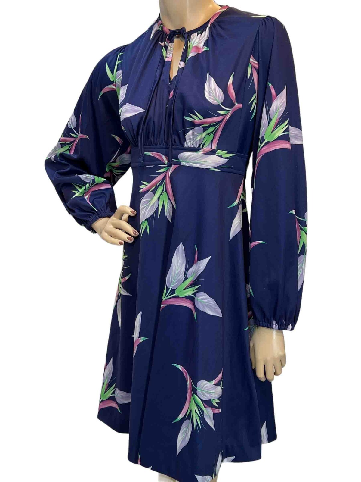 EUC S~M Vtg 70s Dress Navy BLUE Floral Petals High Waist Wide Sleeve BOHO Knit