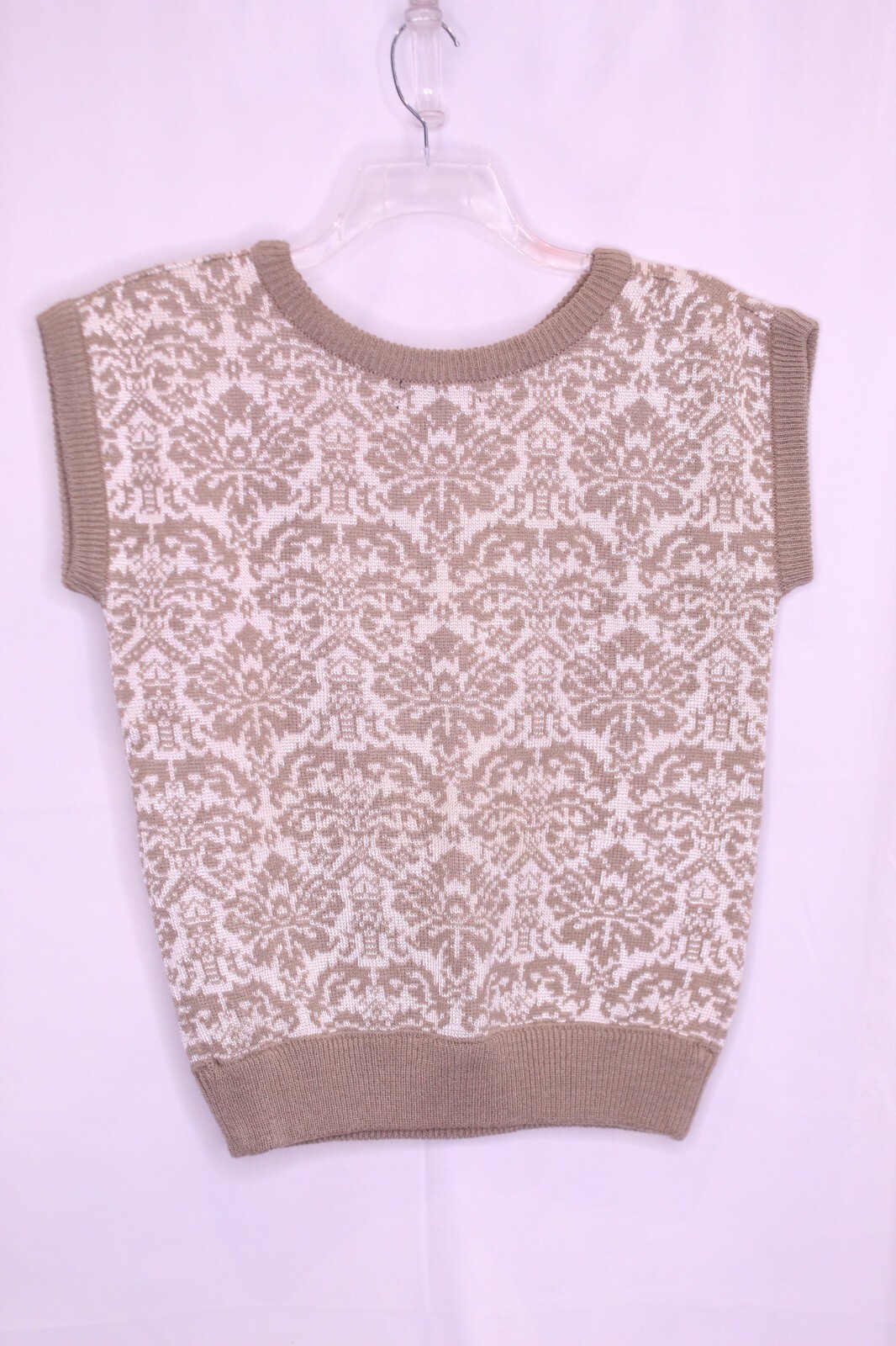 VTG COUNTERPARTS BROWN/OFF-WHITE PRINT ROUND NECK CAP SLEEVE SWEATER SZ L #P255