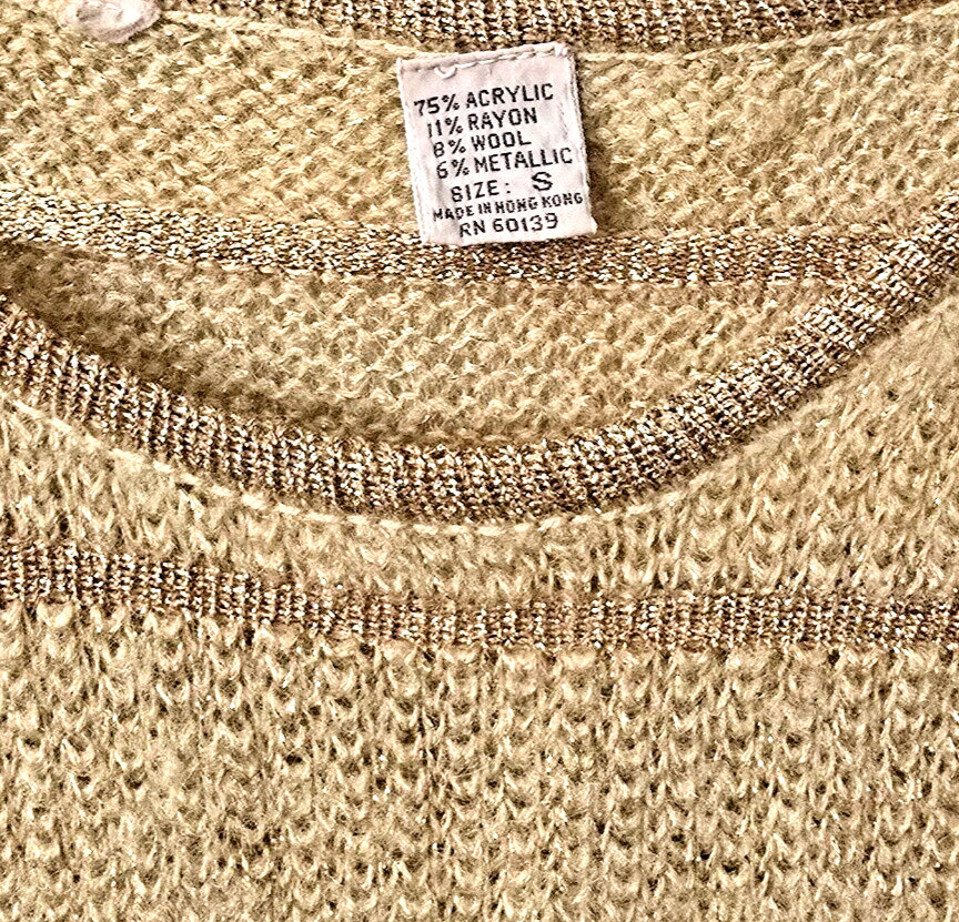 Vintage Wool Blend Knit Sweater S Ribbed Puff Sleeve Gold Sparkle 70s Grandma