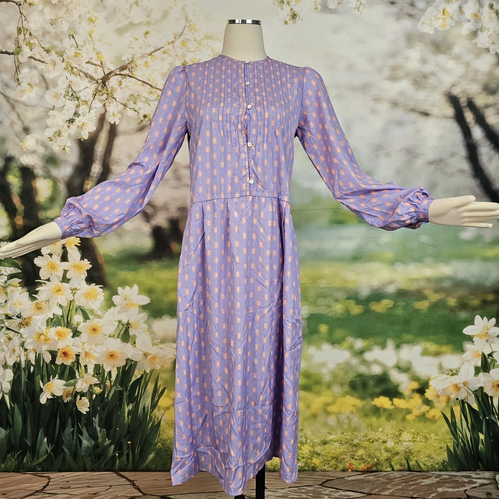 Vintage 1980’s Dress Lilac Purple Print Long Sleeve Silky Retro Button Front