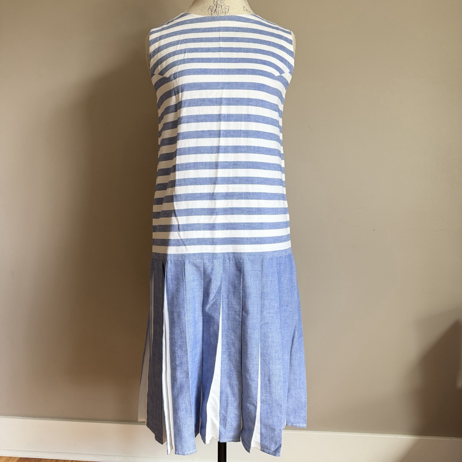 Vintage Blue Stripe Chambray Drop Waist Dress Small Retro Flapper Coastal Preppy