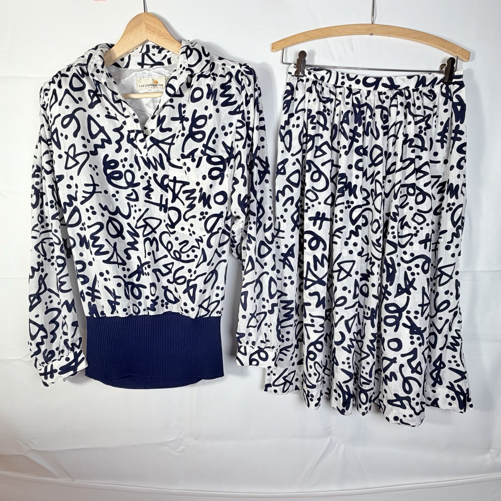 VTG 80s Liz Claiborne 2-Pc Blouson Top & Midi Skirt Navy Graffiti Print Small