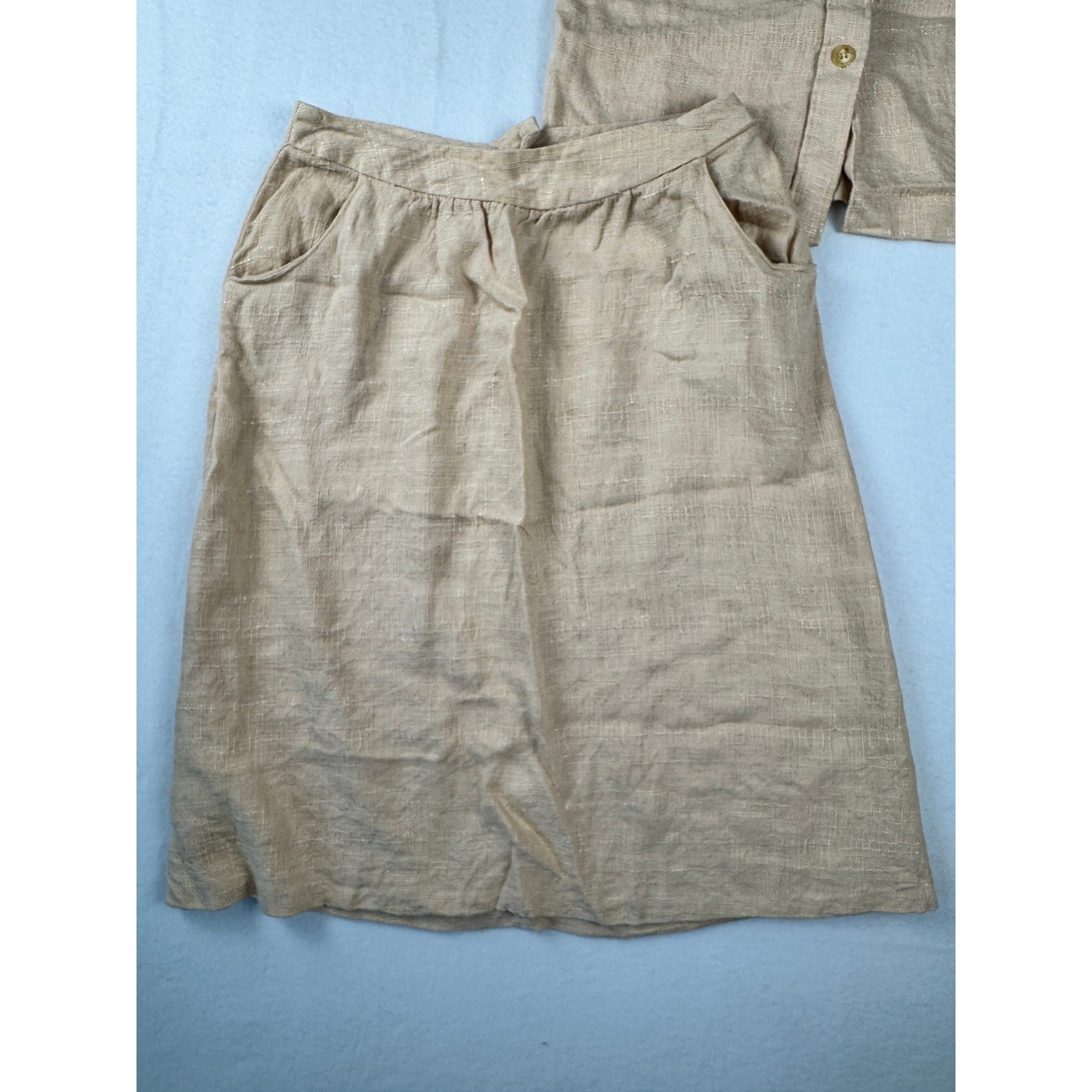 Vintage 70’s Linen Blend Neutral Two Piece Skirt Set Tan Short Sleeve Top Midi