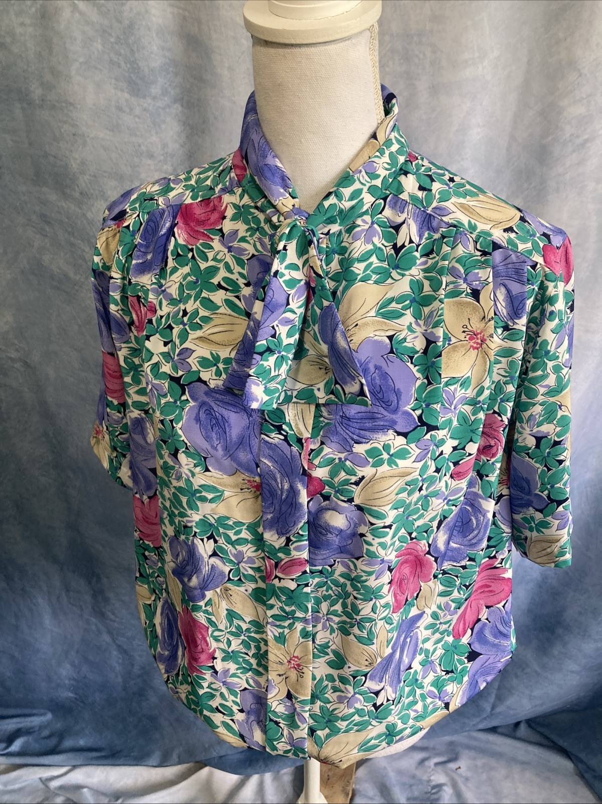 Vtg 80s Alfred Dunner Floral Pussybow Blouse Size 12 Elastic Waist Blouson Top