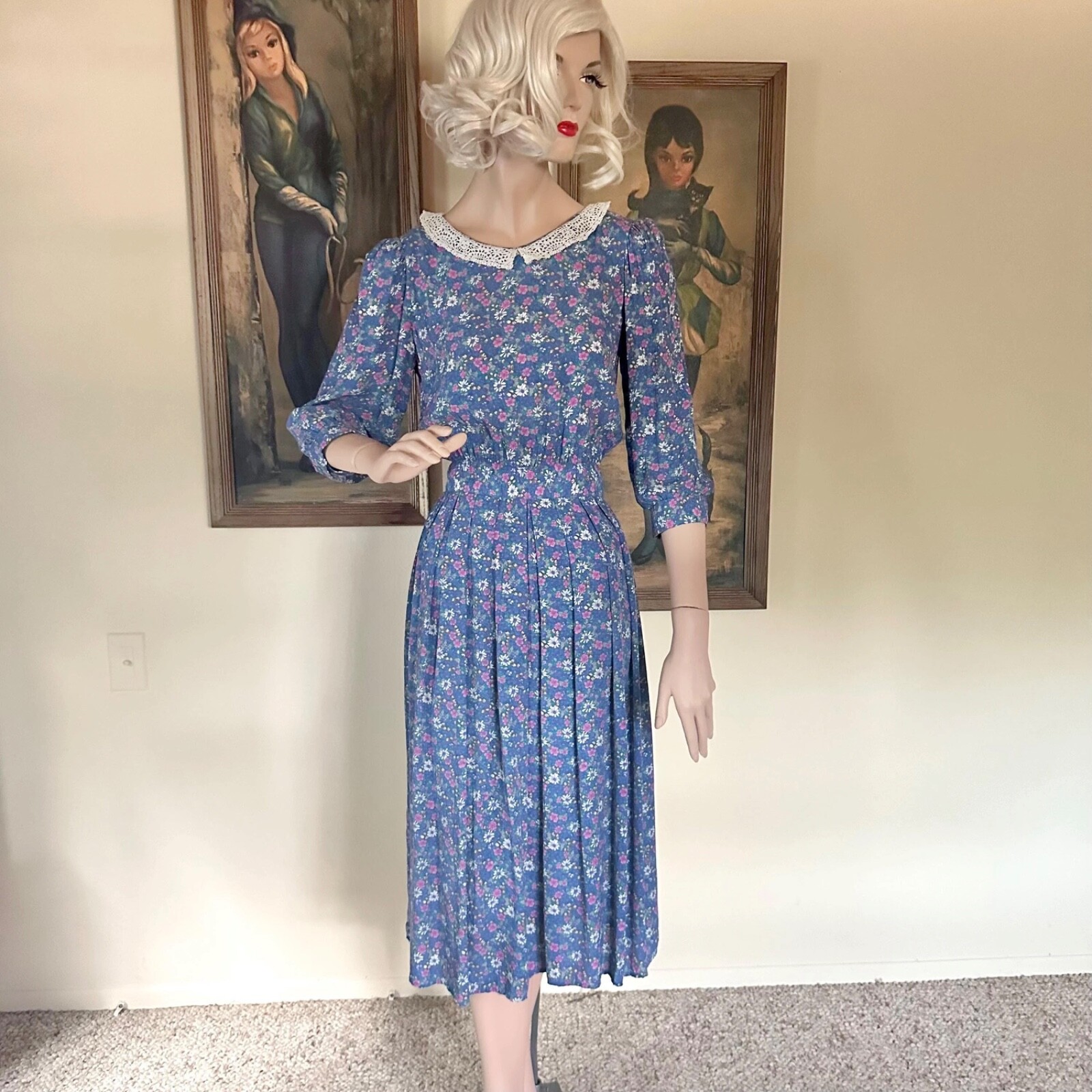 Vintage 80s Romantic Floral Prairie Day Dress Puff Sleeve Secretary S