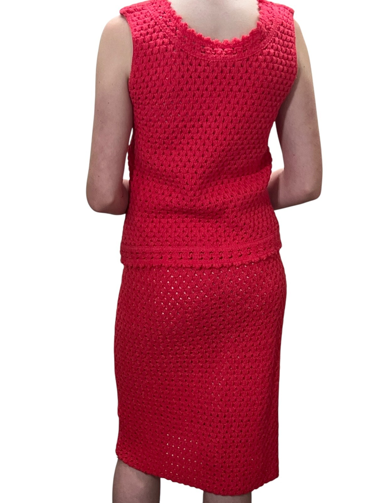 XS~ S Vtg 60s Coral 2 Pc Dress Set Open Knit Sears Acrylic Sweater Skirt Outfit