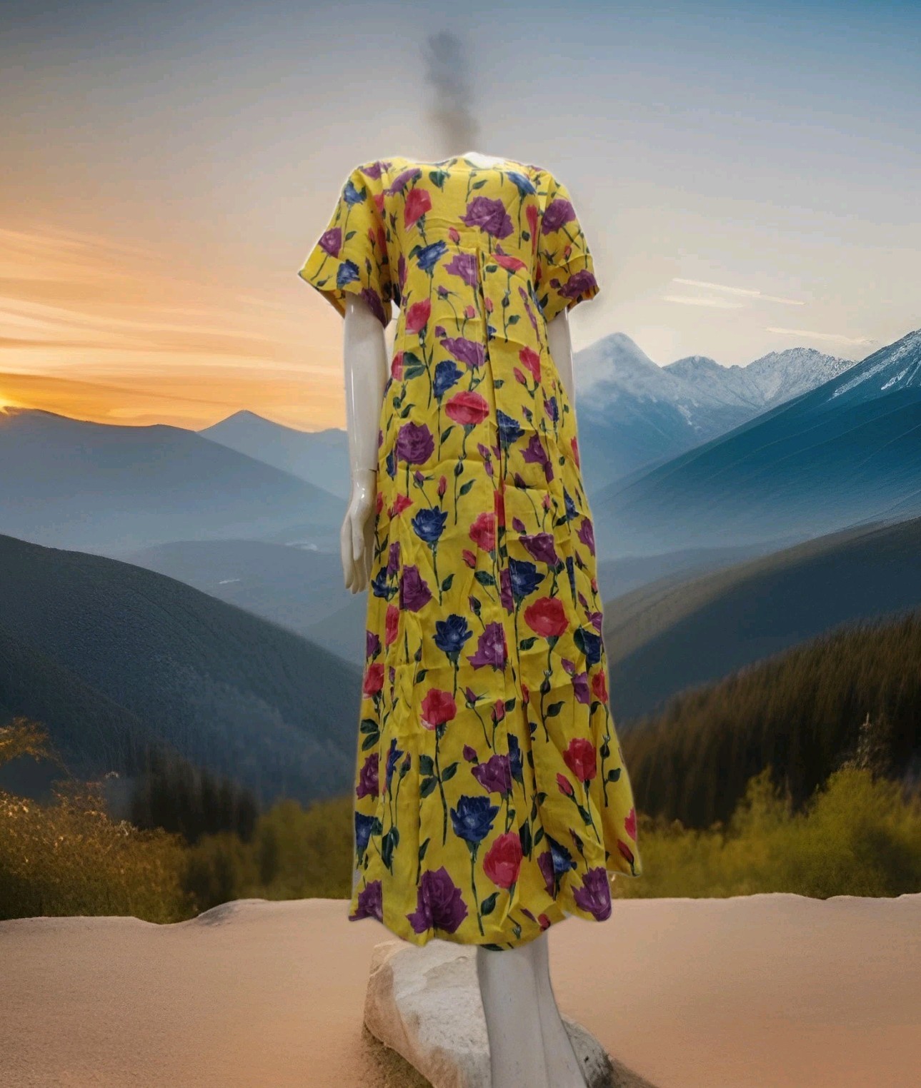 1990s Roses Long Dress Yellow Multicolor Print Purple Rose Country Chic Med New