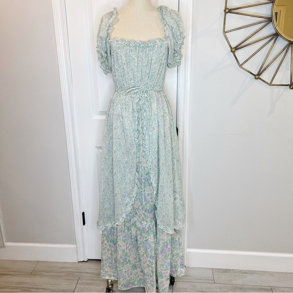 Phase II Vintage 70’s Floral Print Maxi Dress Romantic Prairie Ruffle