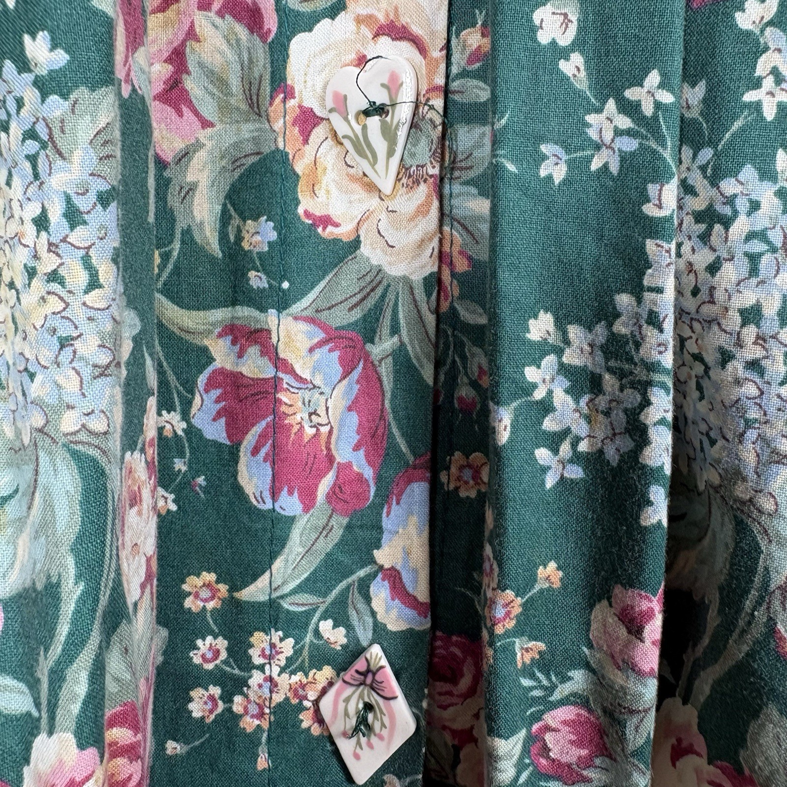 Dogwood Lane Large Green Pink Floral Ceramic Buttons Pinafore Maxi Dress VTG 90s