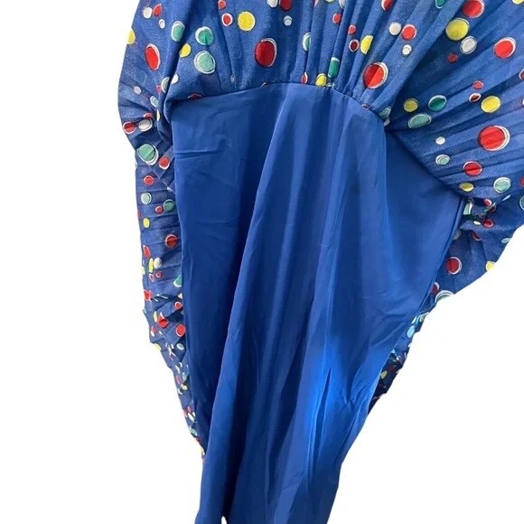 Vintage Jonathan Logan 1975s Paint Dot Print Crepe Blue MultiColor V Neck Dress