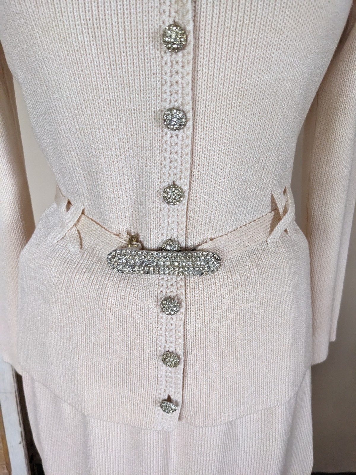 Vintage 80s St John Knits Lillie Rubin Cream Rhinestone Maxi Dress Set