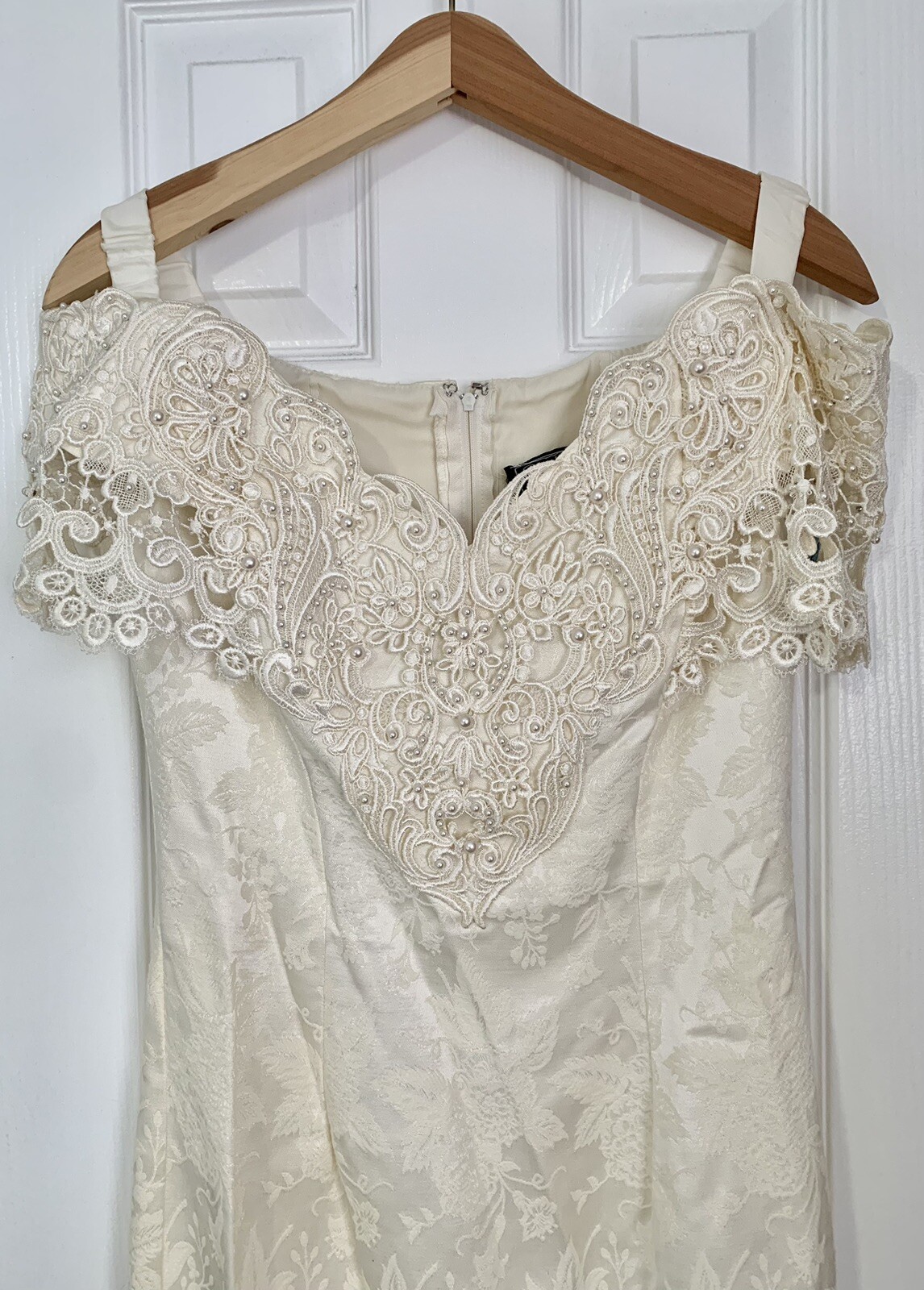 VTG 90s Pearls Lace Wedding Dress Cachet by Bari Protas Ivory Volup Gown Bodycon