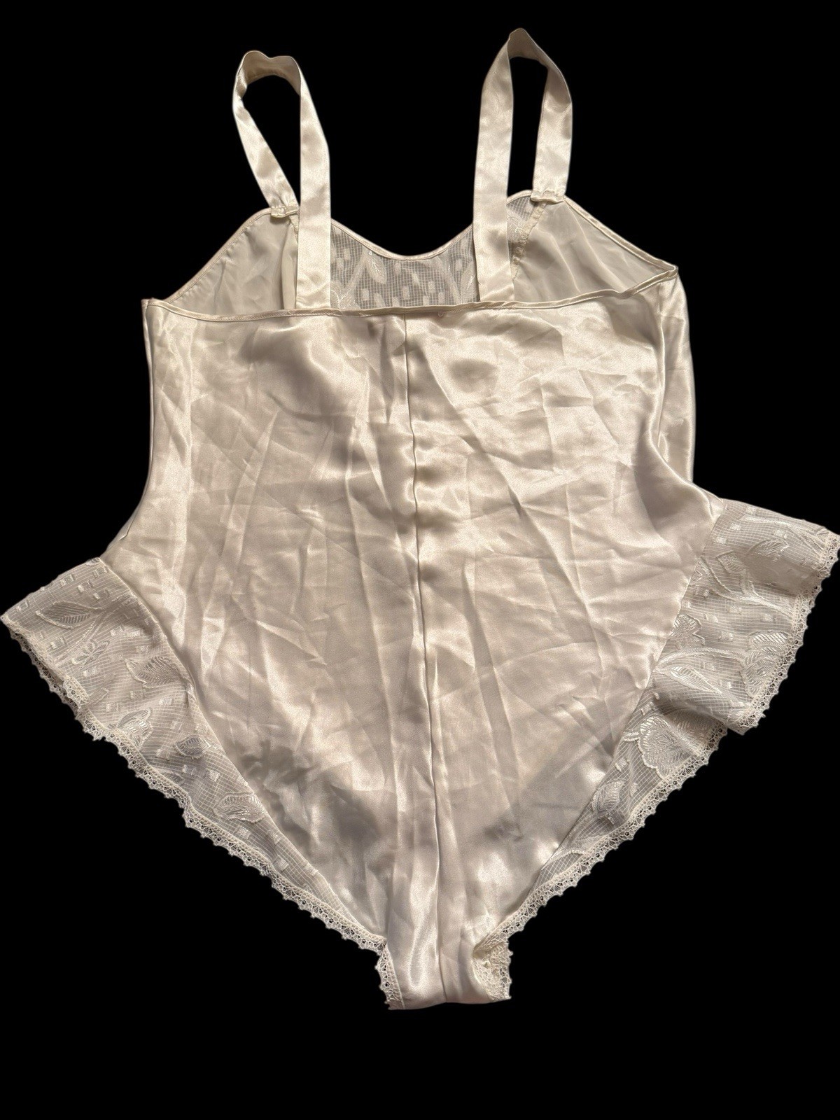 Vintage VANDEMERE Lace Shiny White Satin Body Slip Bodysuit M Flutter Sides
