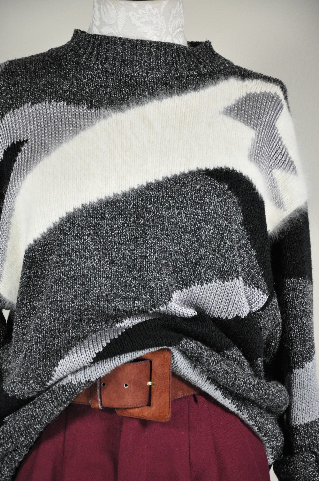 90s Vintage Gray Angora Rayon Colorblock Crewneck Boyfriend Sweater Women M L