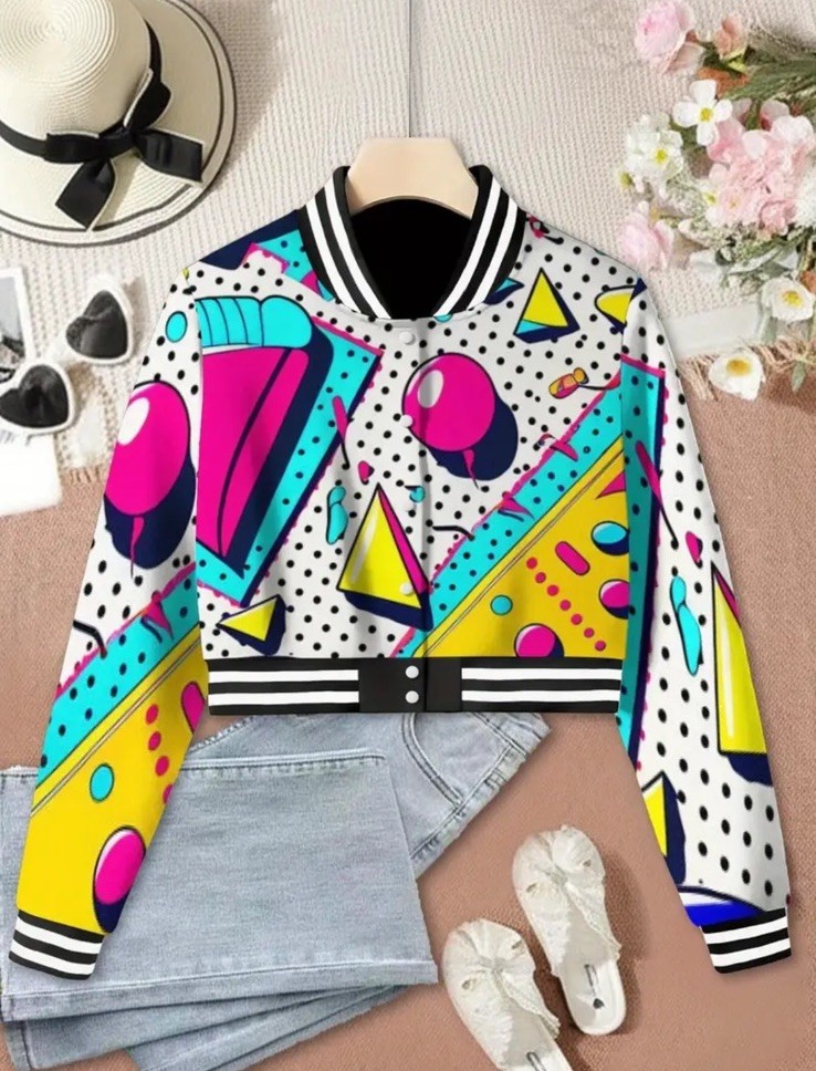 Woman’s Retro Baseball Jacket 80’s, 90’s Vibrant Colors Size Medium Cropped