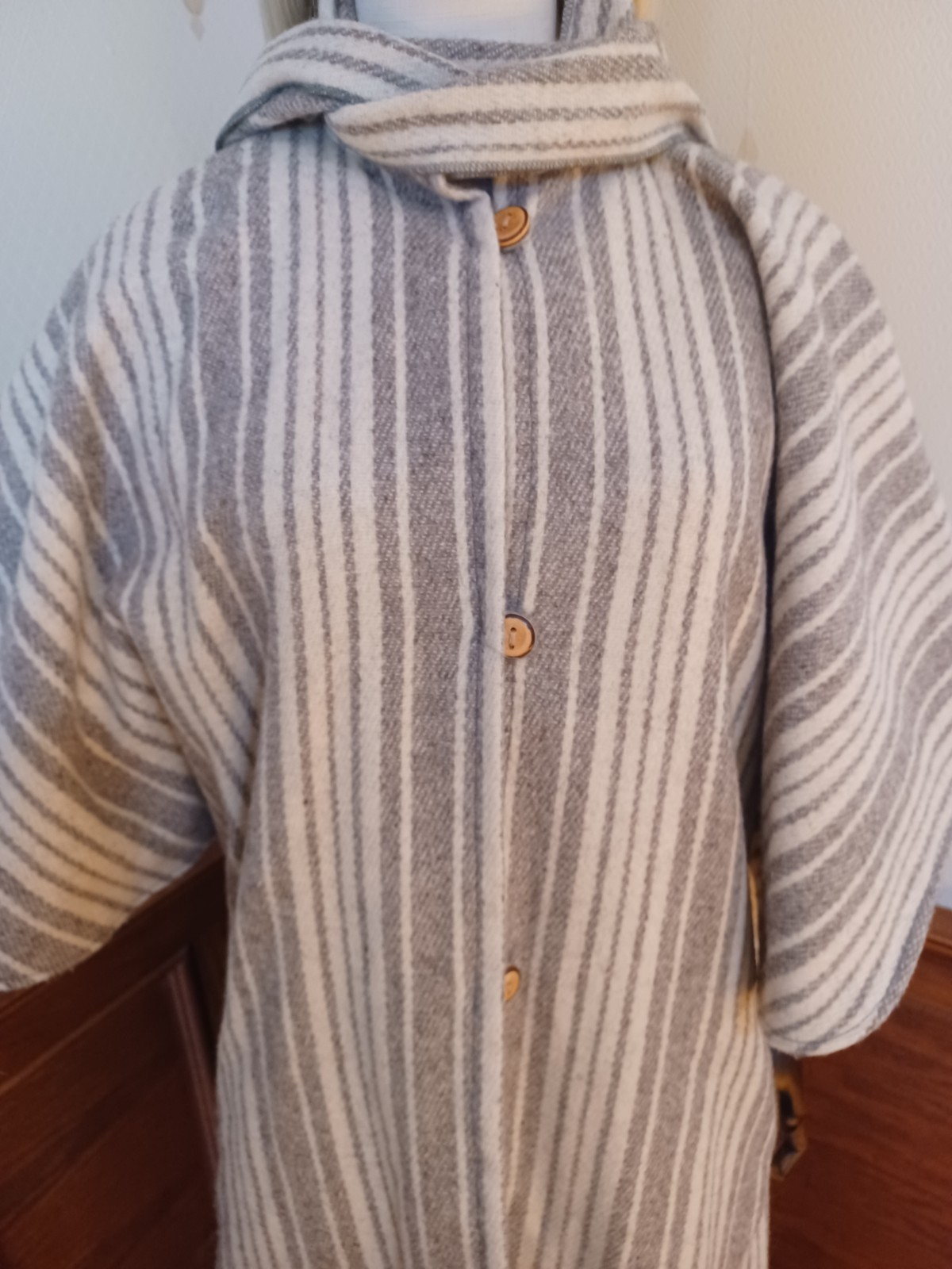 Vintage 1960s/1970s Grey Stripe Wool Boho Victorian Cottagecore Cloak Coat