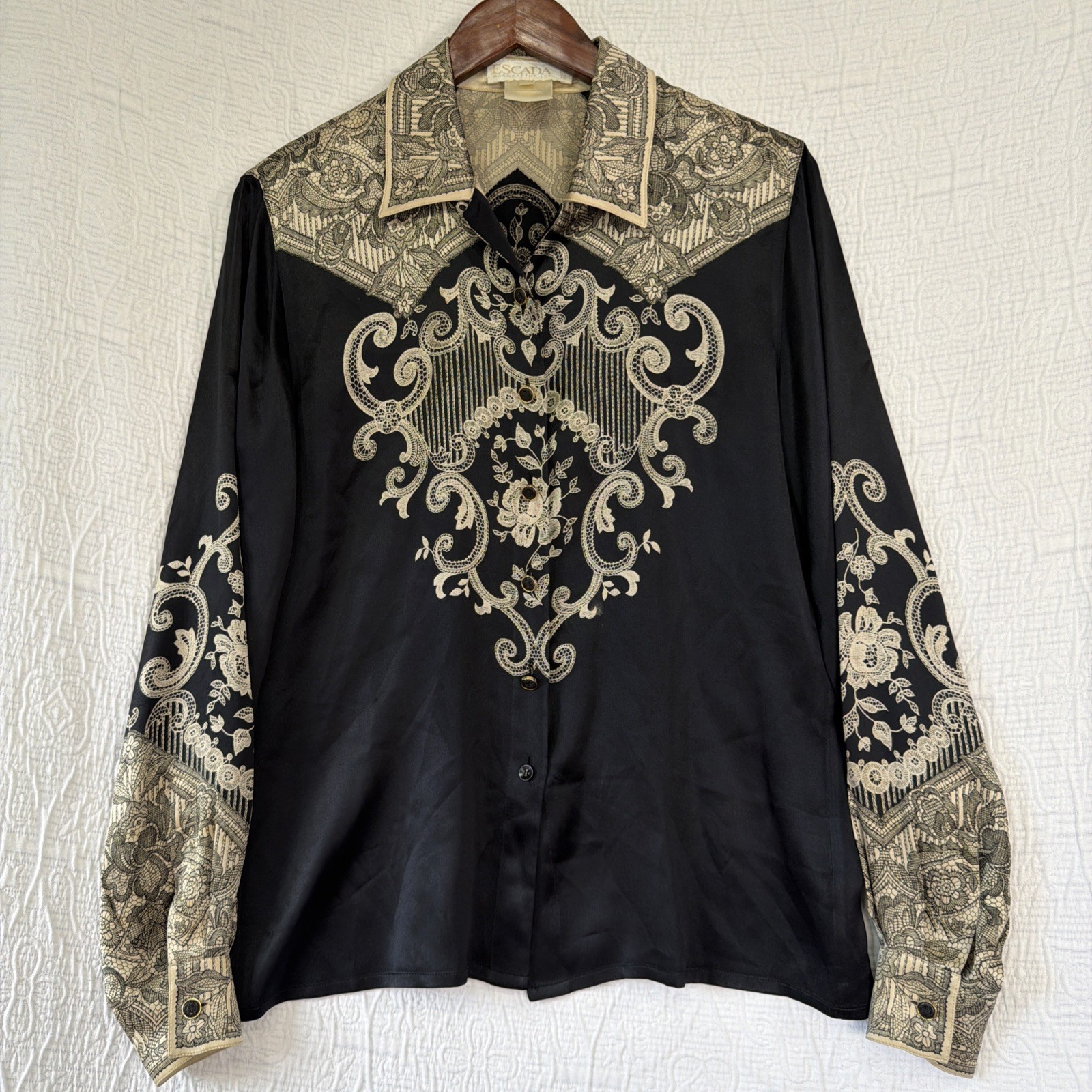 Escada Margaretha Ley 100 Silk Blouse EU 38 Vintage Loop Collar Floral Baroque