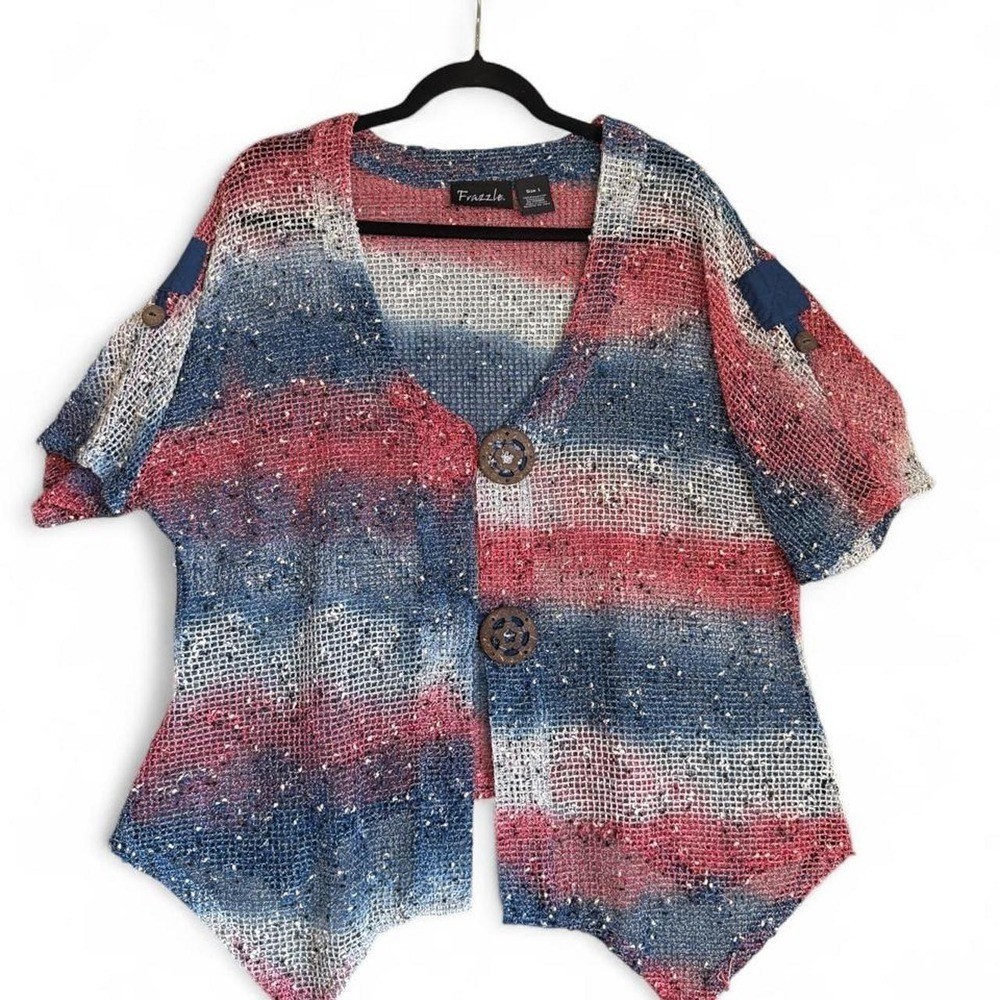Frazzle Vintage Boho Red White Blue Open Knit Cardigan Sweater Size L