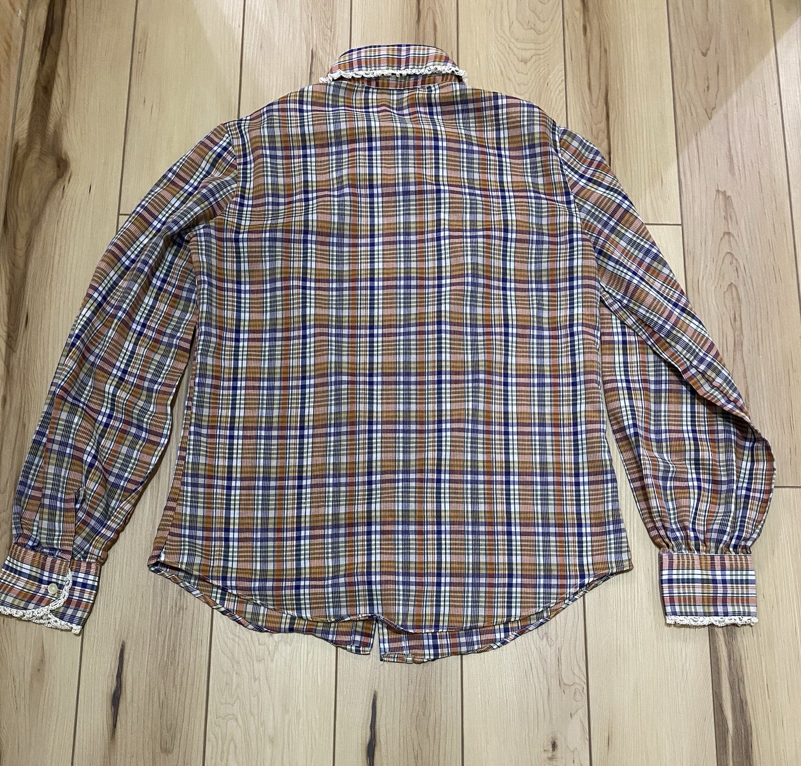 Vintage 70s/80s Stuart Lang Women’s Plaid Lace Collar Blouse Sz.S