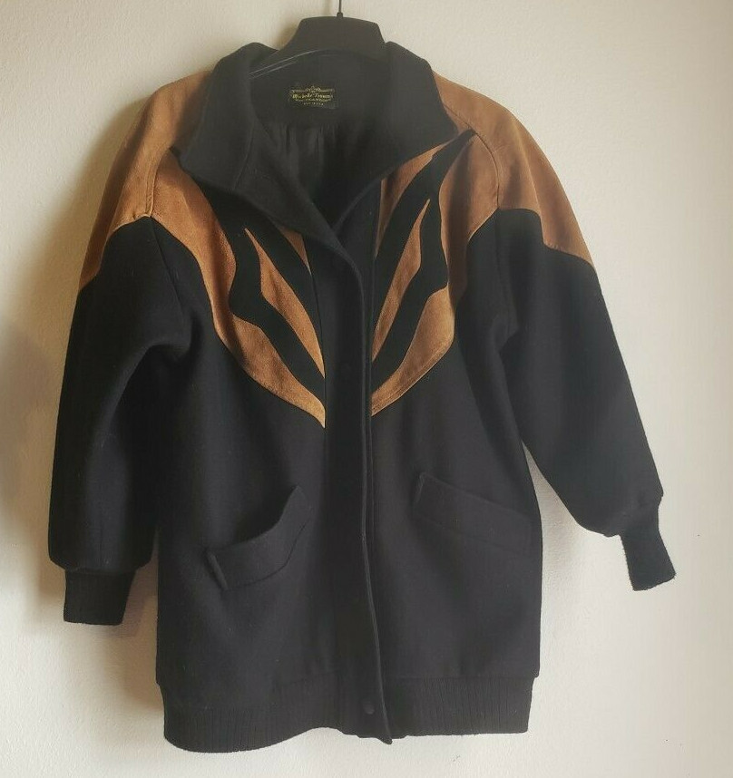 Michelle Francois vintage Jacket Black Brown Suede/Wool Sz XL/1X? bust 46″