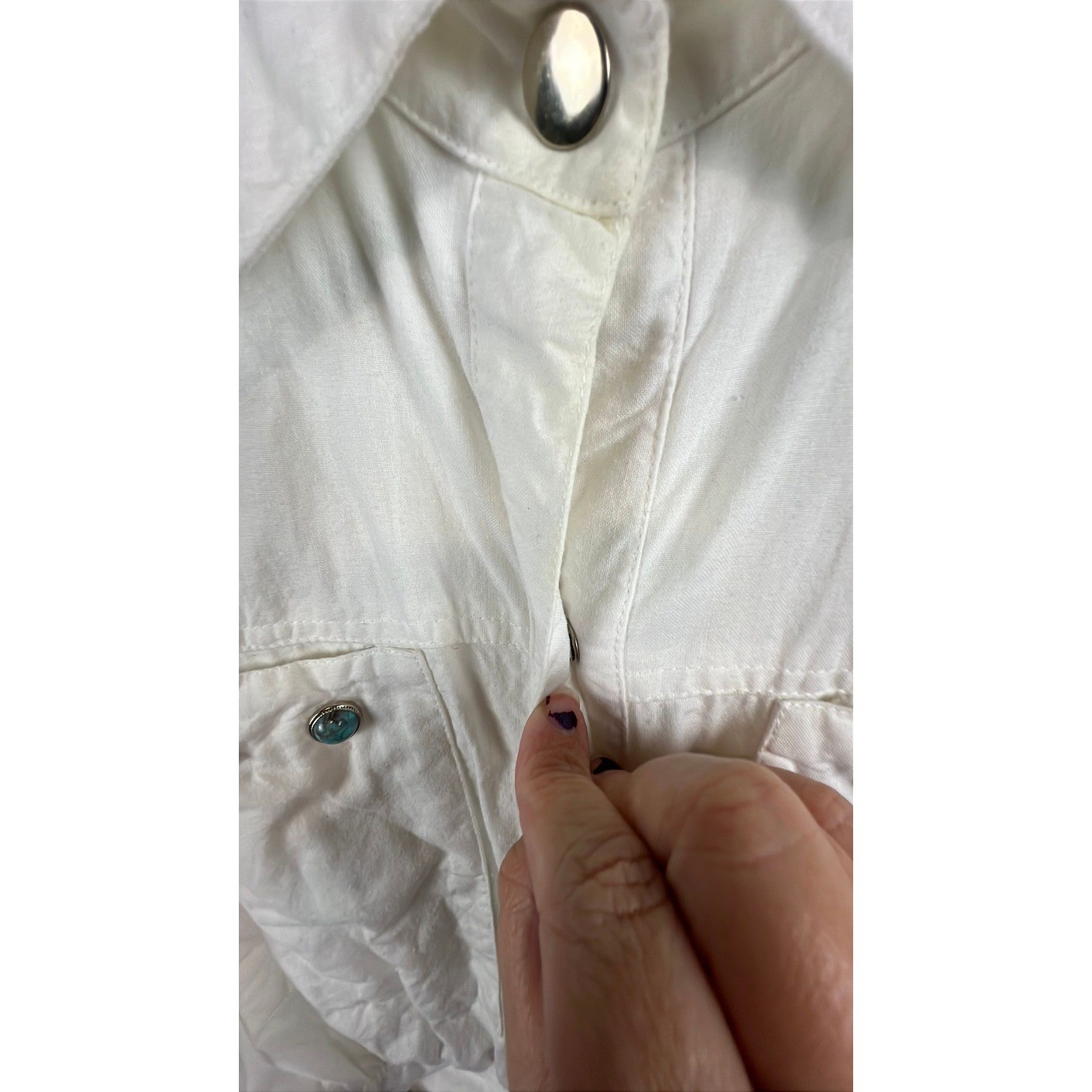 80s Western Shirt Dress Boho Coastal White Cotton Turquoise XS S