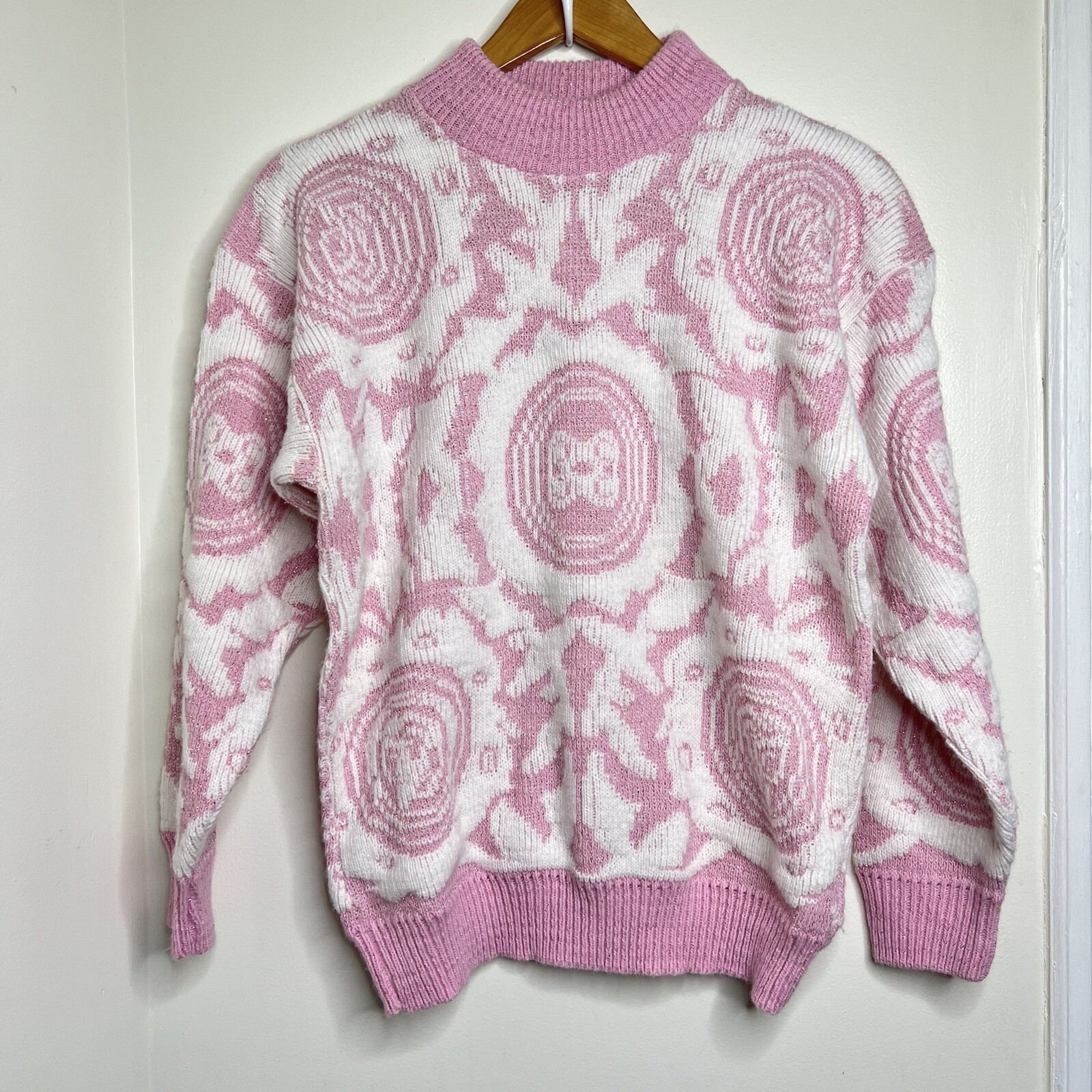 Vintage 80s 90s Cheryl Pink & White Geometric Sweater Approx Large Fairy Kei