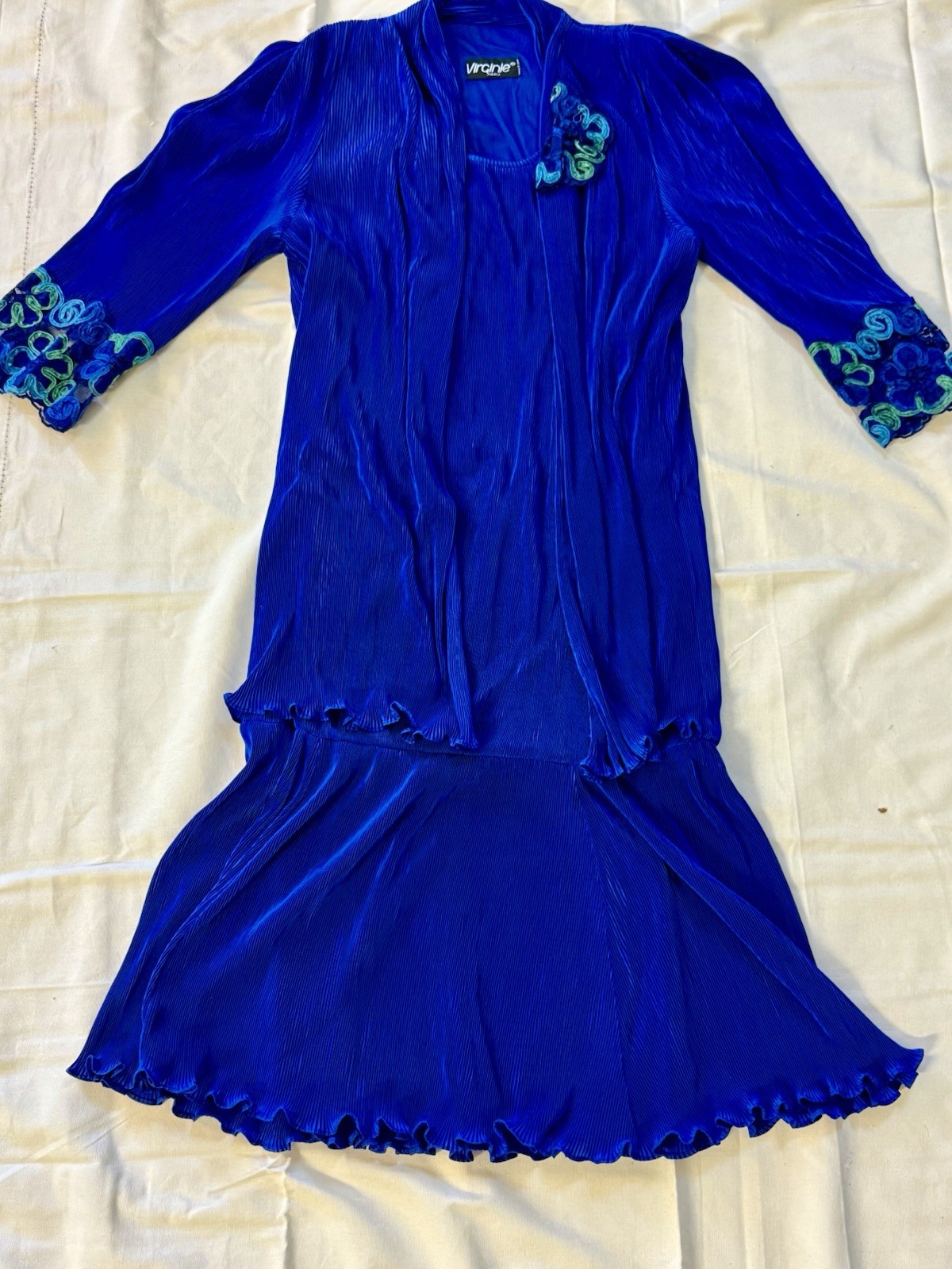 Vintage Classic French Style Made In Paris Blue Dress W/Floral Sleeve Embroidery
