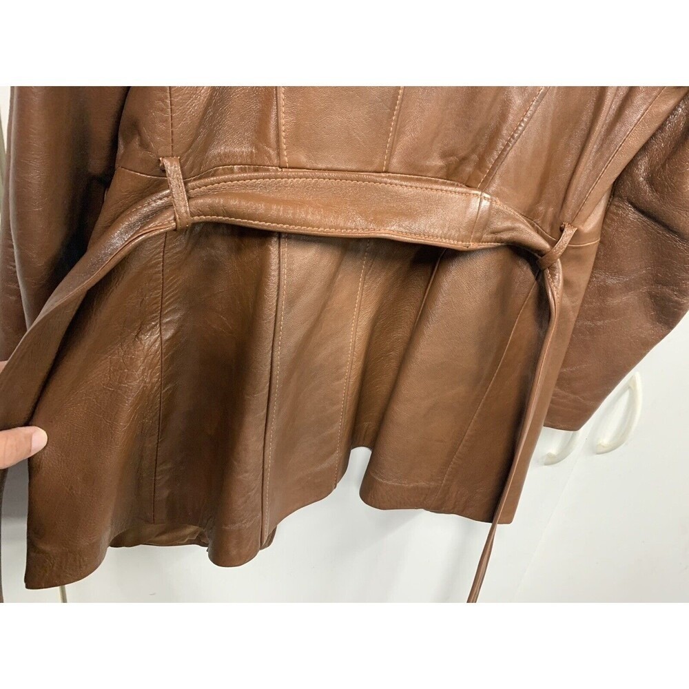 Hoffmans Vintage Brown Leather Satin Lined Womens Belted Jacket 70s Size 12