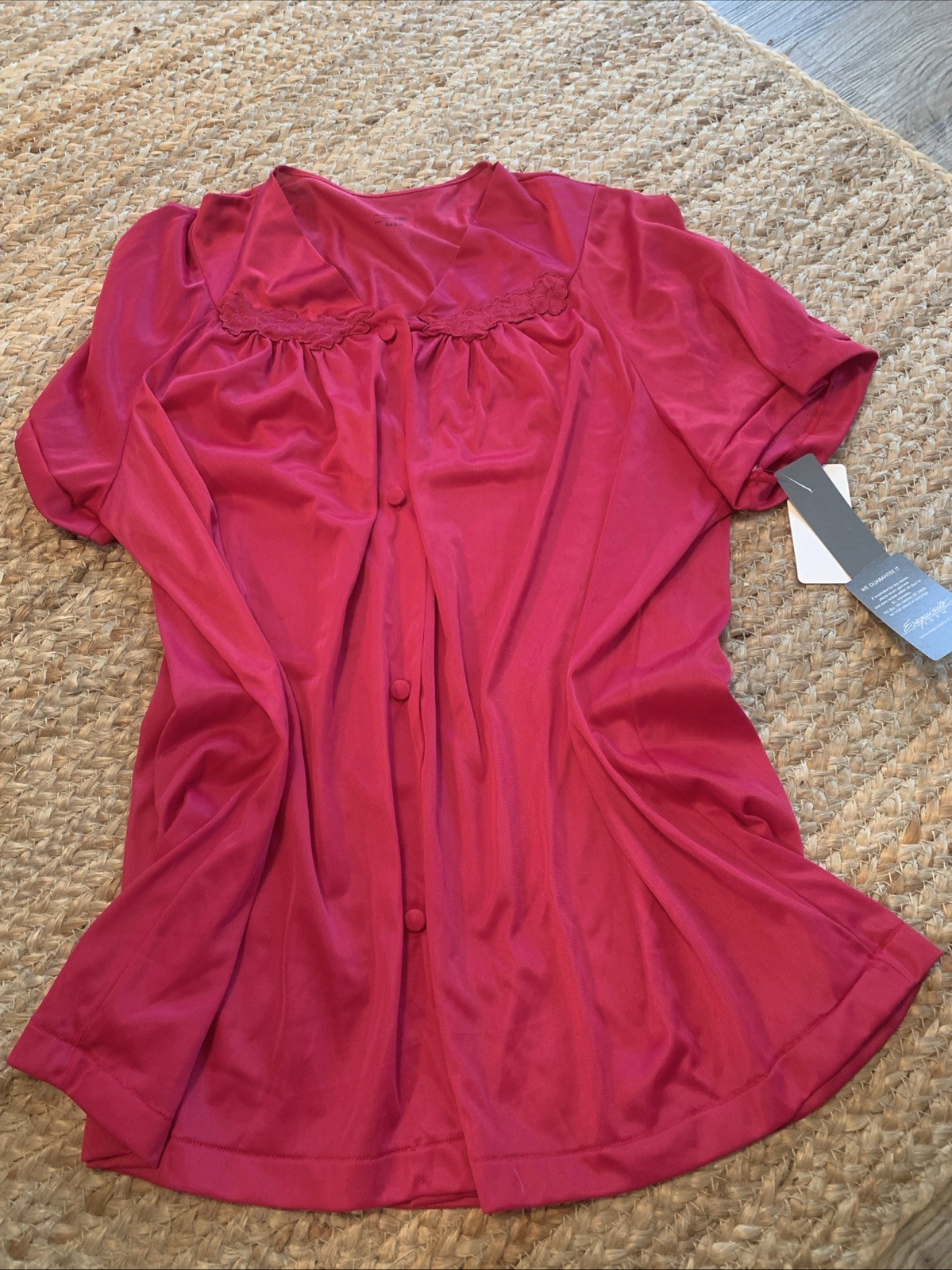 Vintage Exquisite Nylon Pajama Sleep Top Womens Large Beet Red Embroidered NWT