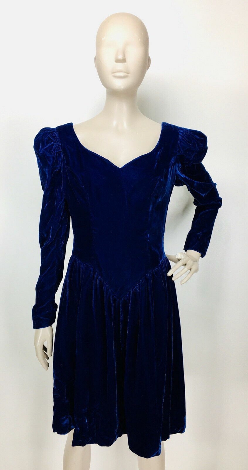 Vintage 70s Blue Jewel Tone Crushed Velvet Puff Sleeve Sheath Dress Medium