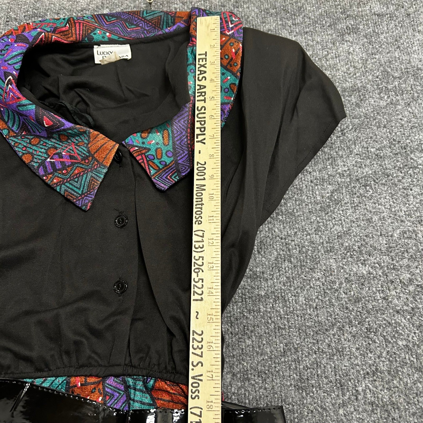 Lucky Barbara Dress Womens 24.5 Black Geometric Print Vintage 80s Belted USA