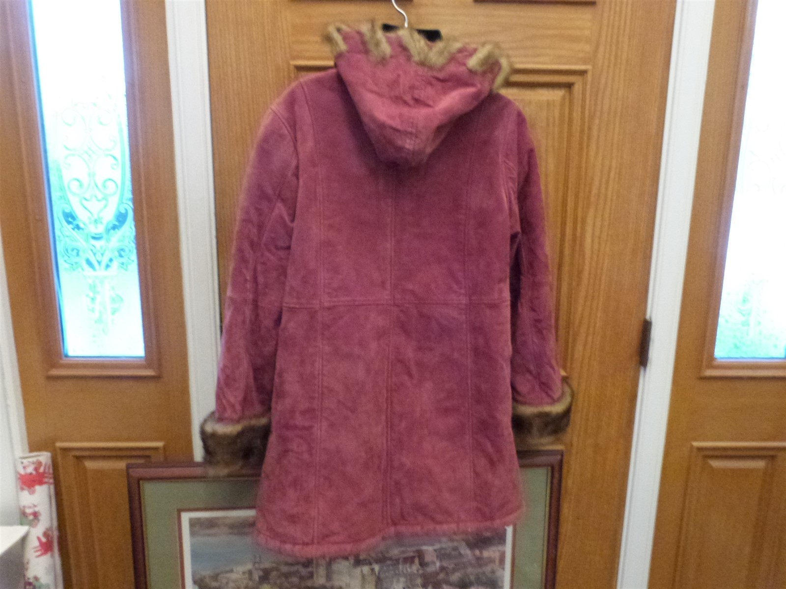 Dennis Basso suede coat vintage 1990s faux fur red Burgundy Maroon wine hood W L