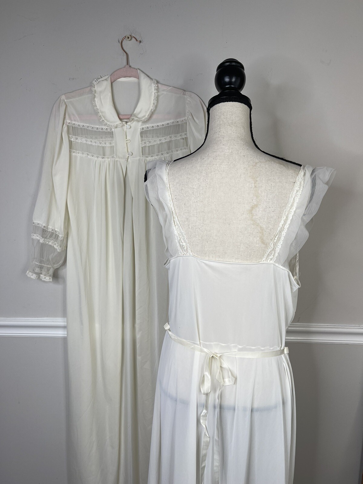 Vintage Dorella Long Ivory Nylon chiffon Full Nightgown Penior set Large Flaws