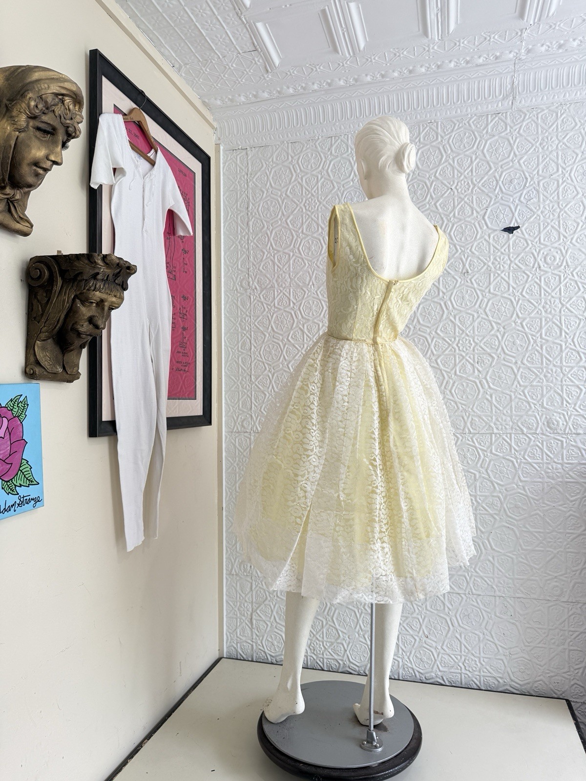 vintage party dress 1950s midcentury yellow lace tulle fit flare small coquette
