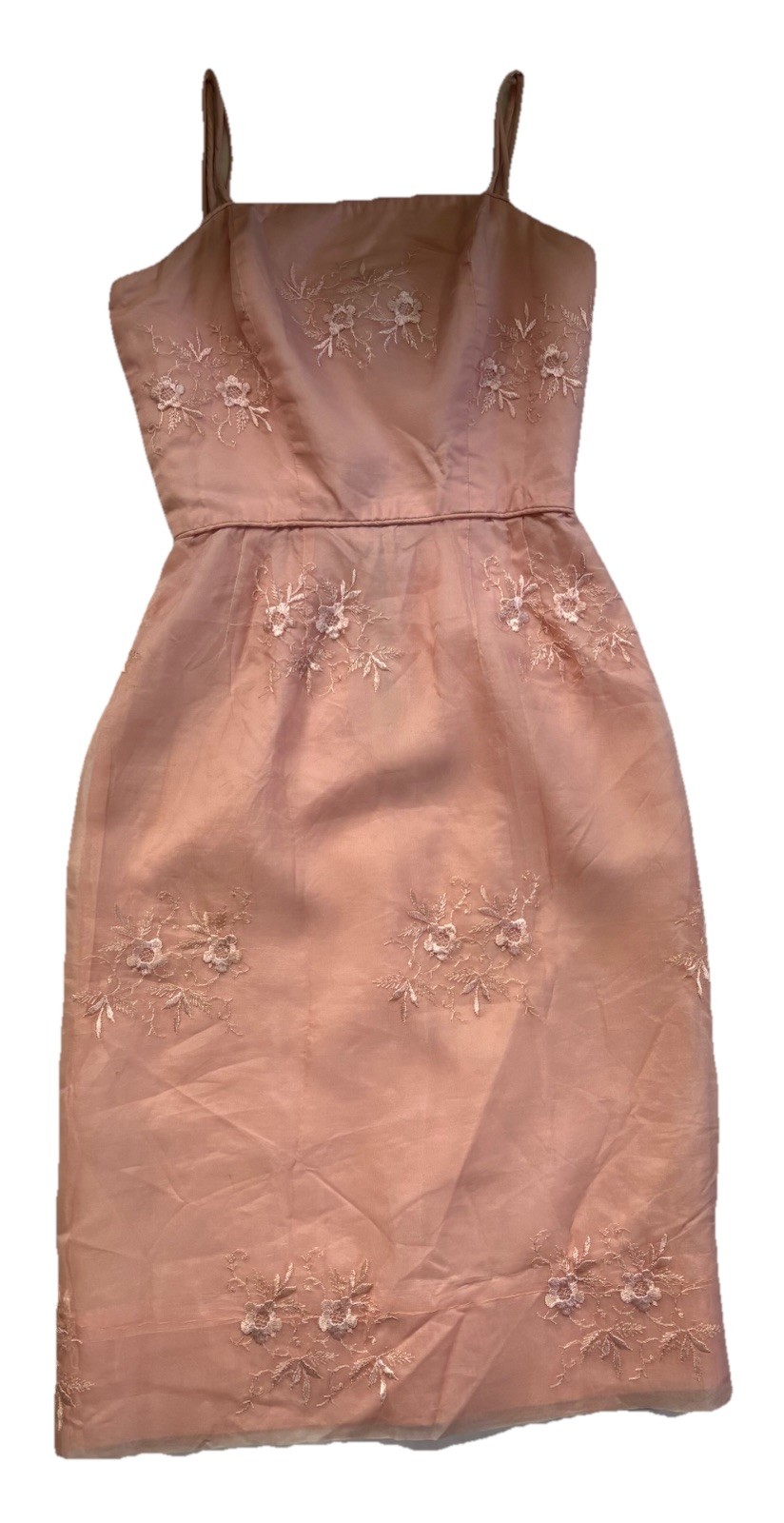 Vintage Pink Embroidered Organza Wiggle Dress Pin-Up Tiki Rockabilly XS Flawed