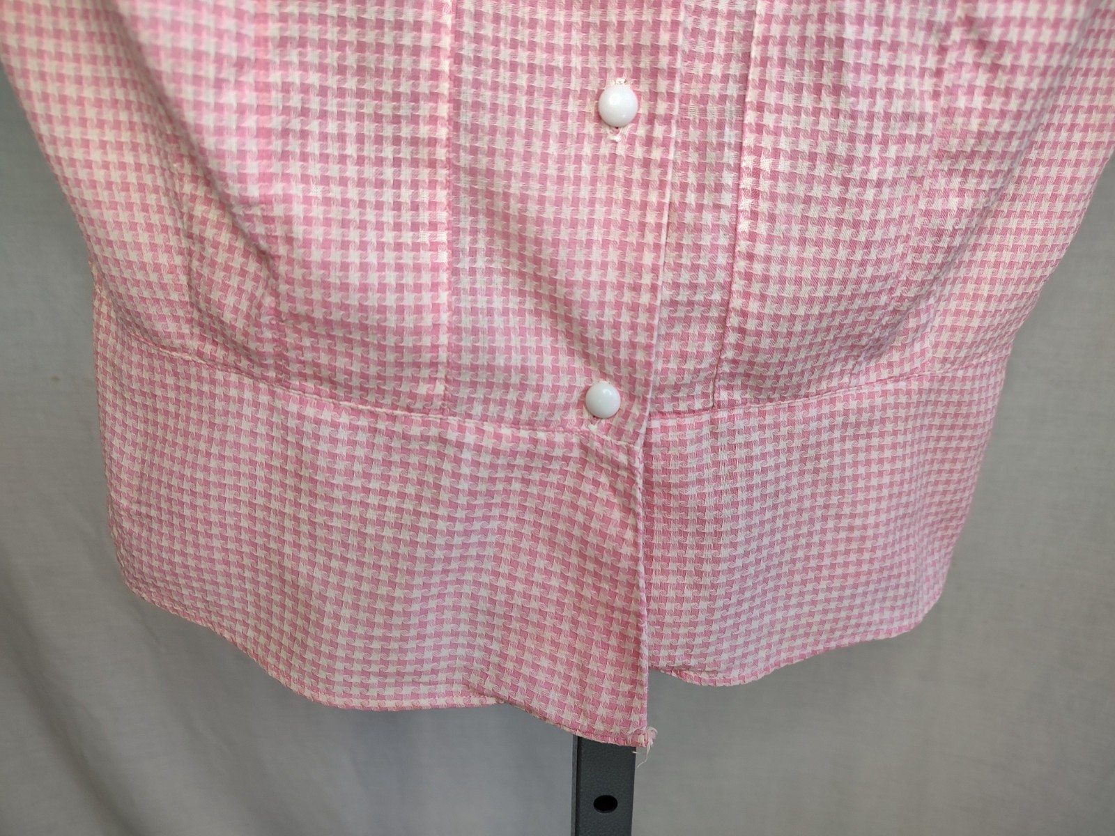 Vtg 60s Womens Sanforized Gingham Shirt Top Sz 34 Pink Check Fitted Rockabilly