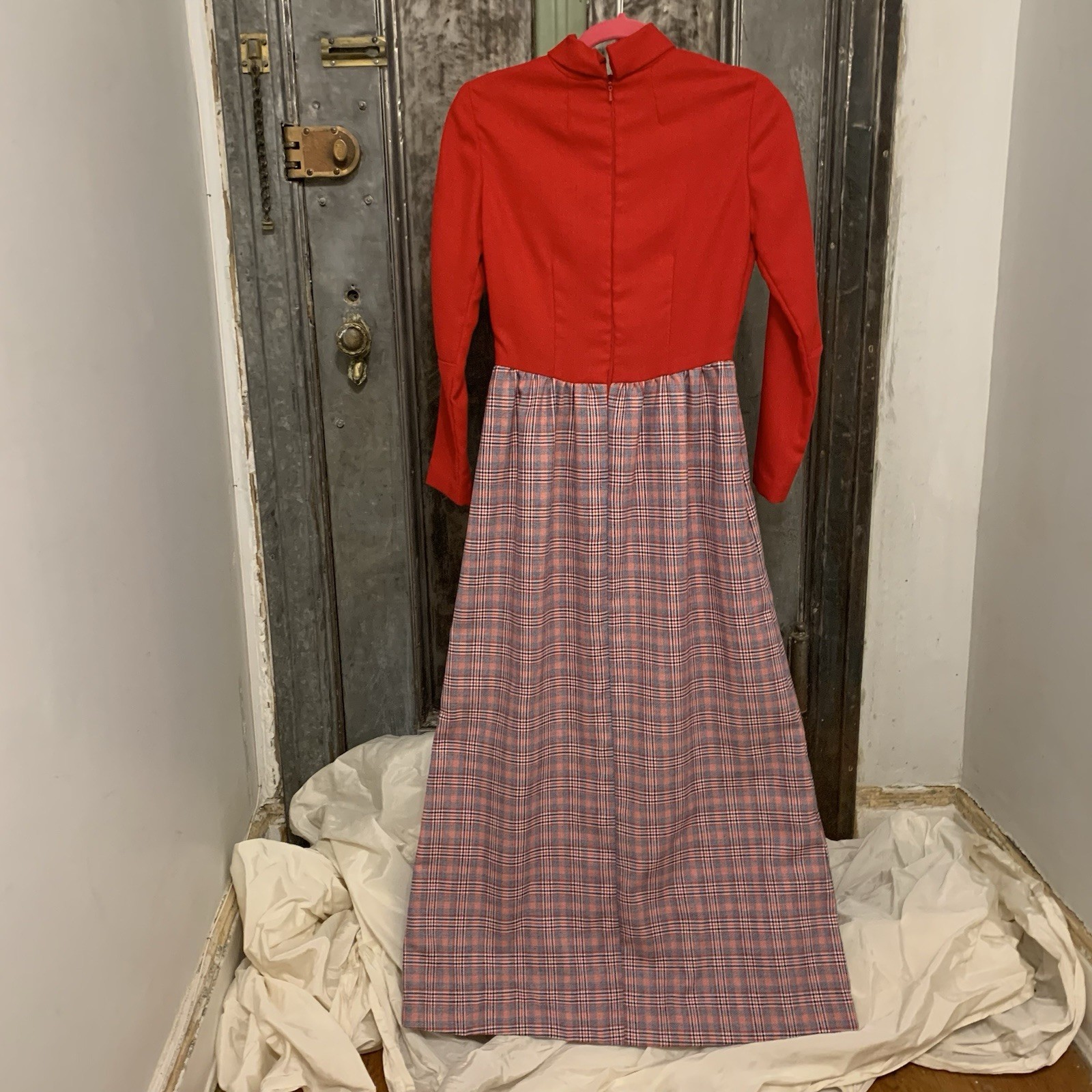 S Vintage 60s 70s long sleeve hostess dress mid century mod red white blue plaid