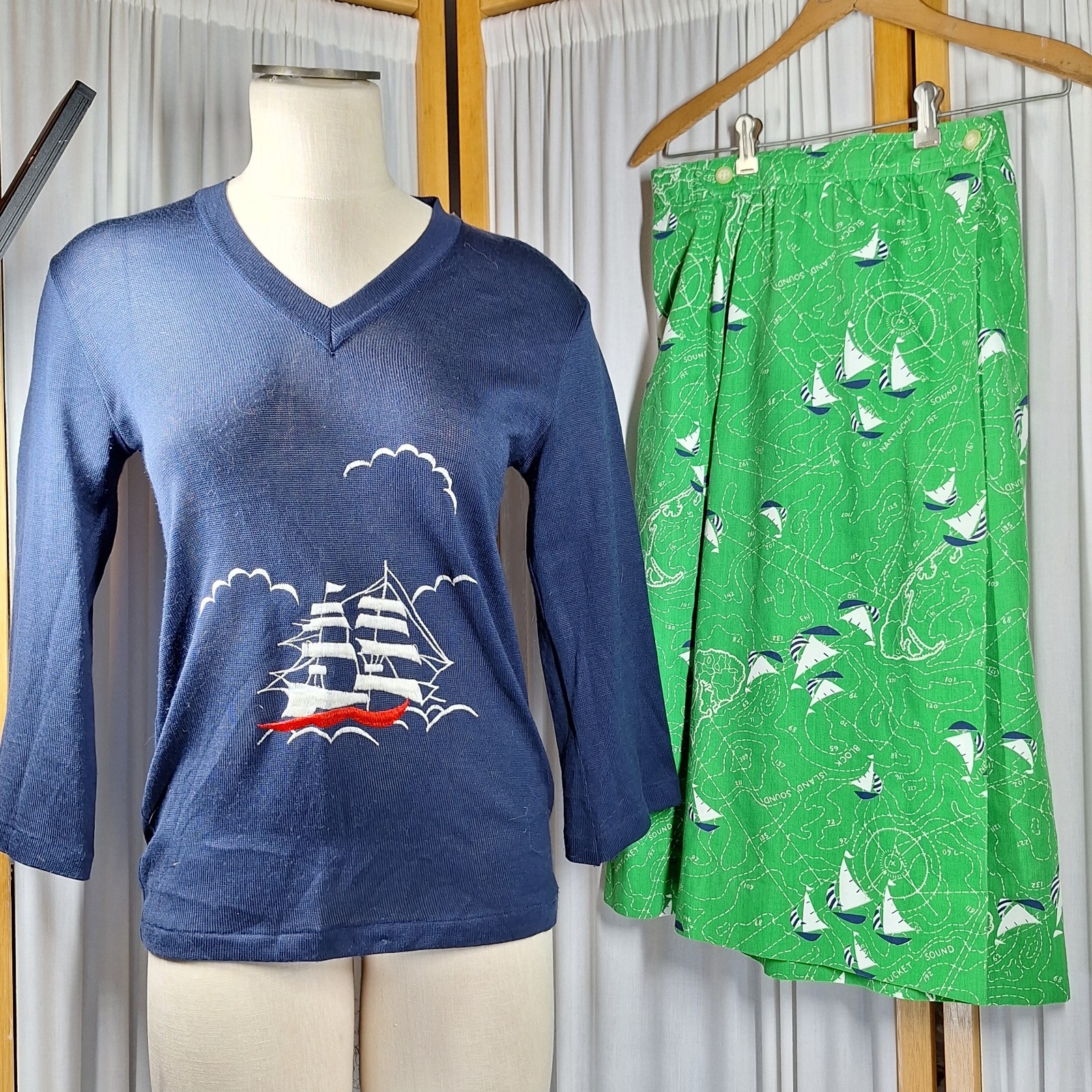 Vtg Lady Halrin Skirt Sz XS Sailboat, Joyce Top M Nautical Coastal Nantucket