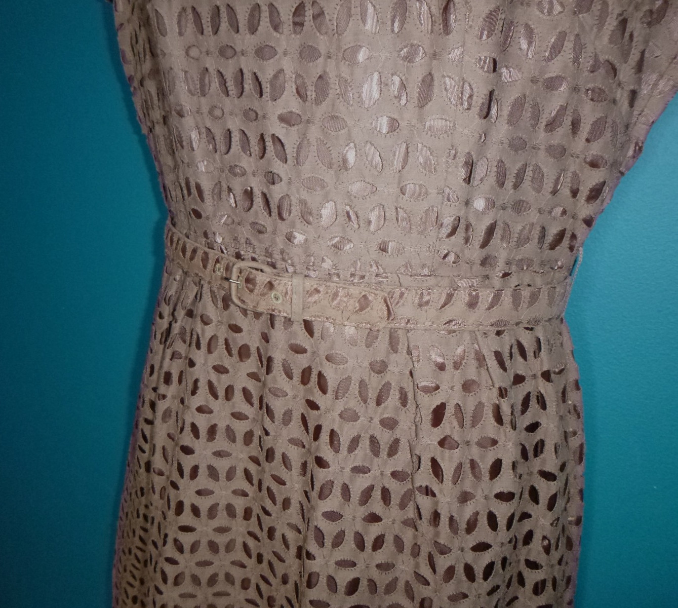 Vtg 50s Ann Allyn Cocoa Brown 2 Layer Sheath Dress W Belt Eyelet over Satin M/L