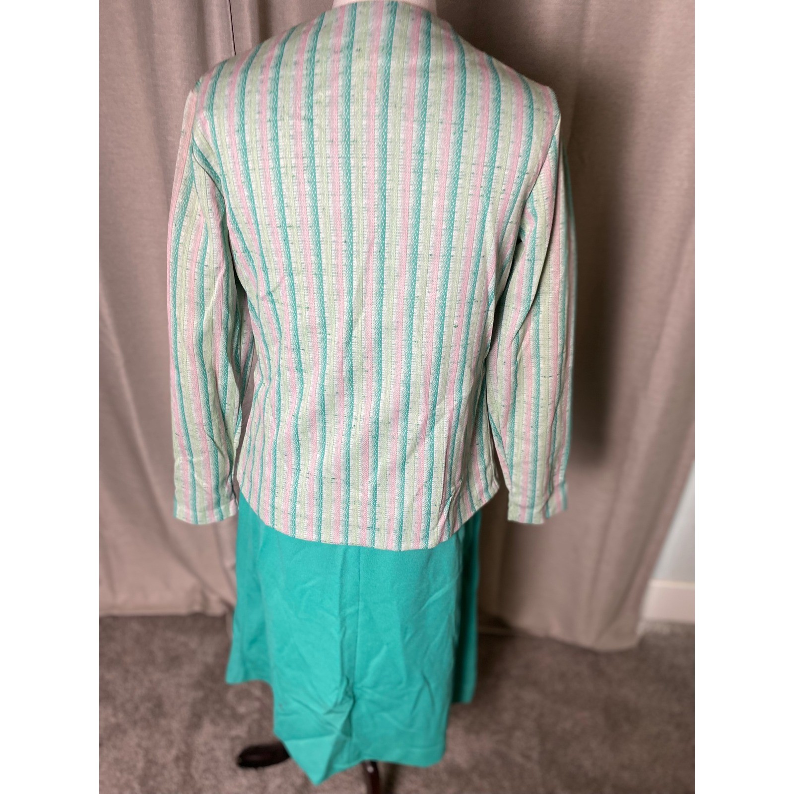 Vintage 60s Dress and Jacket Set Teal Pink Striped Mod Sheath 2 Piece Outfit