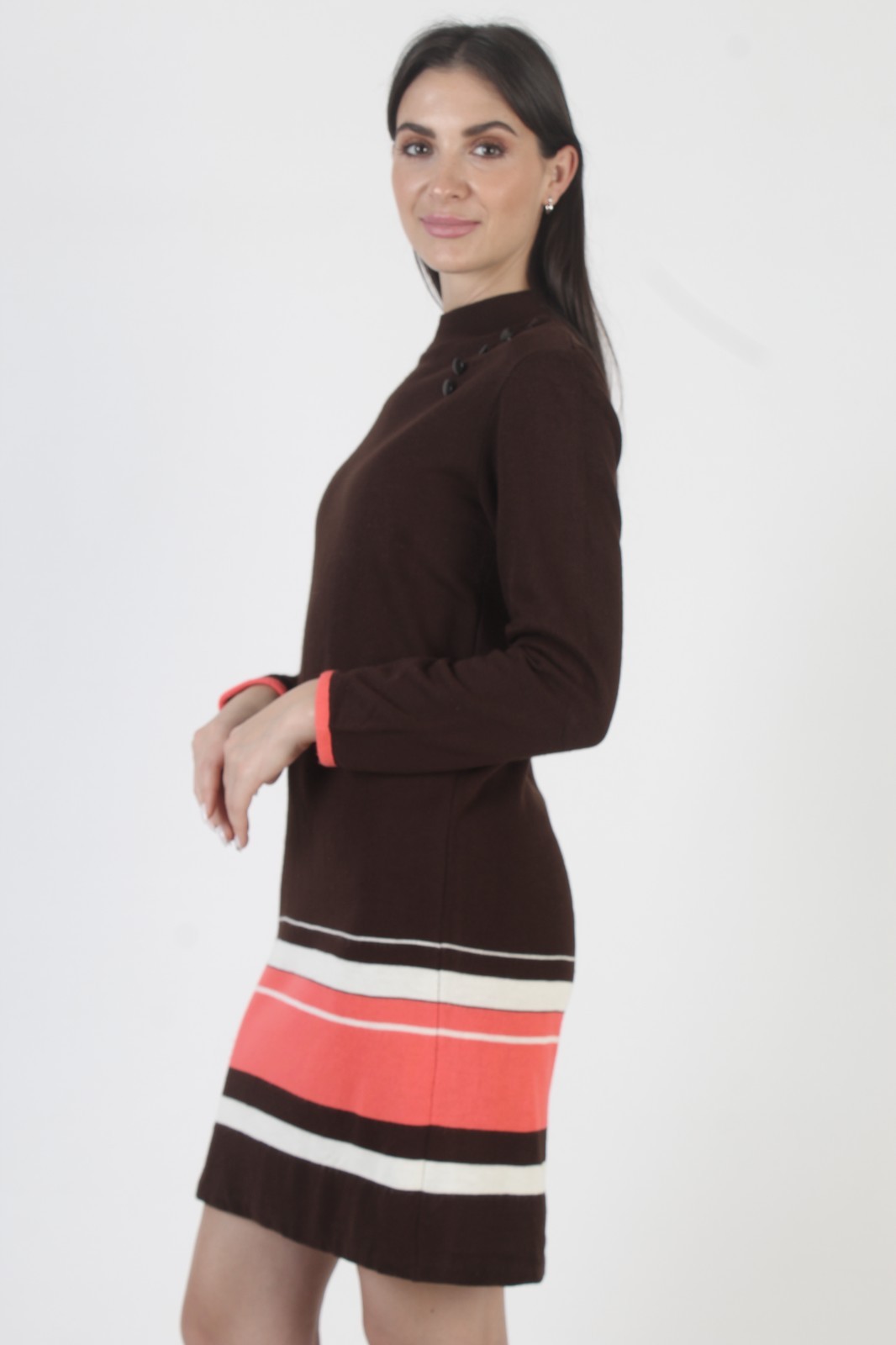 Vintage 60s Striped Sweater Dress Brown Acrylic Mid Century Mod Tennis Mini