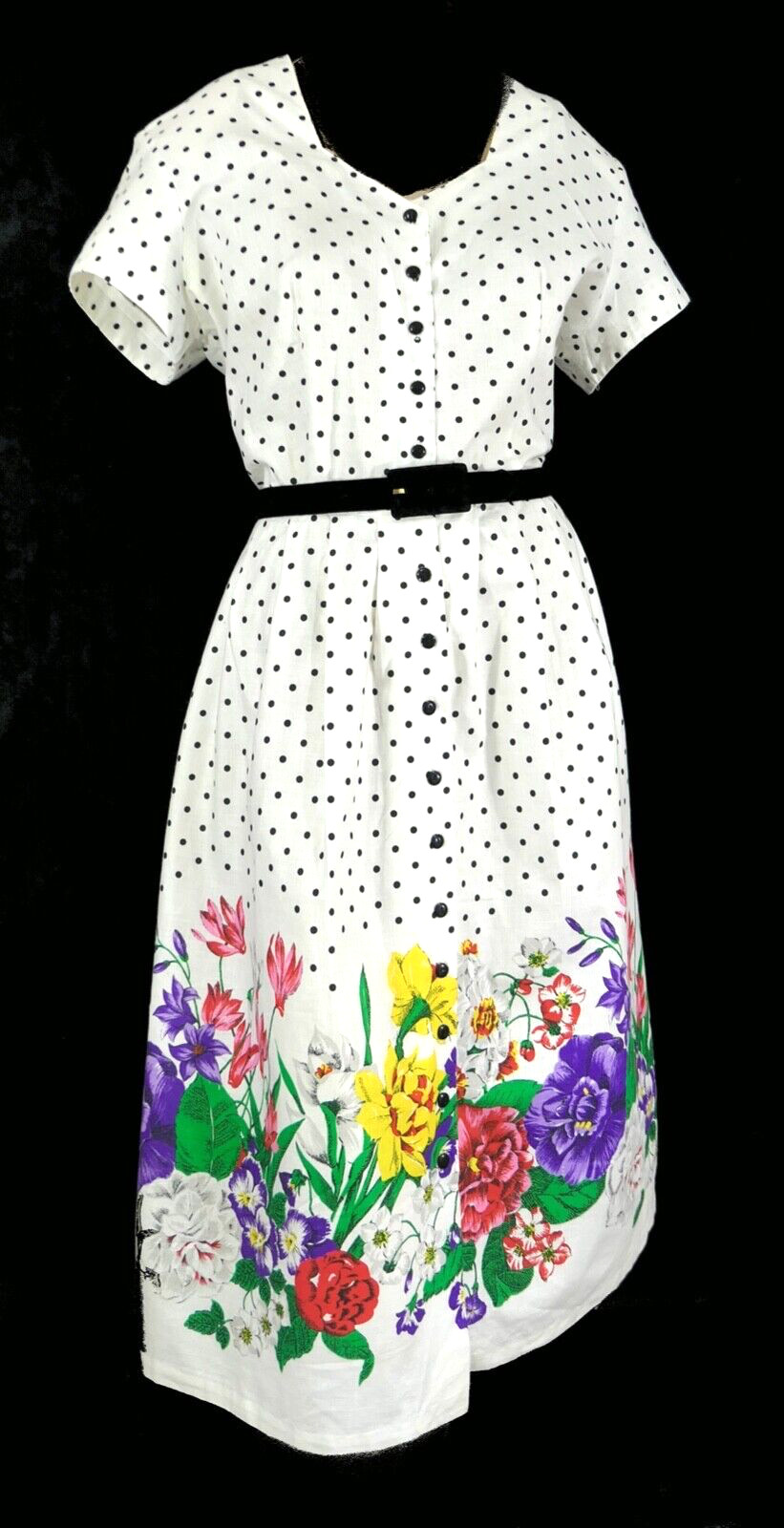 Vintage 70s 80s Barrie Cotton A Line Shirt Dress Polka Dot Floral Country XL