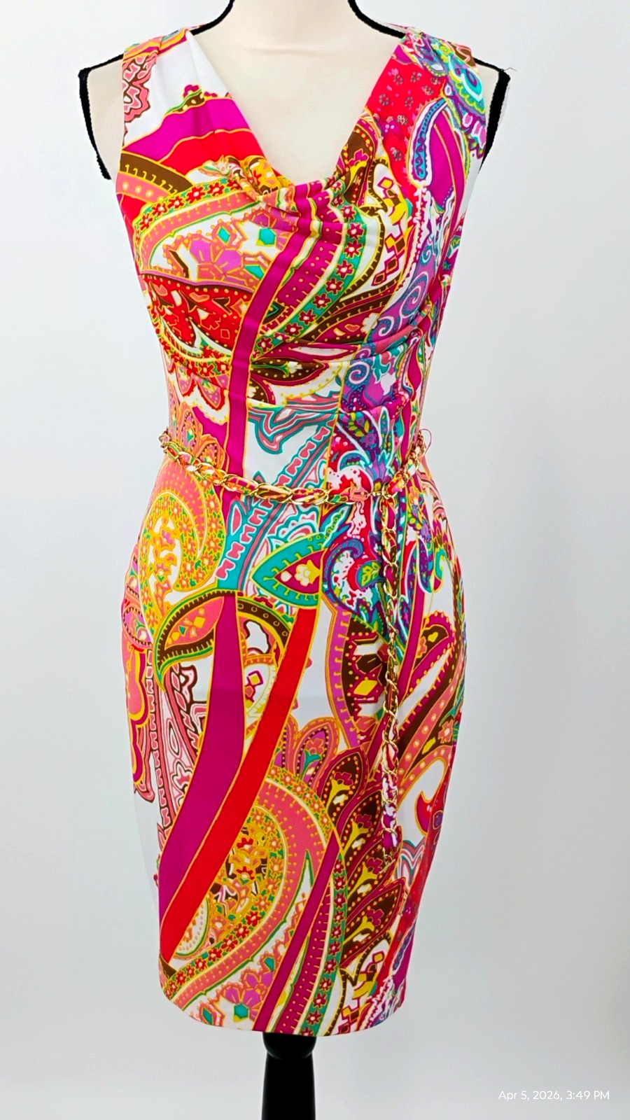 Cache Vingage Colorful Sleeveless Paisley Chain Belt Lined Dress Size XS