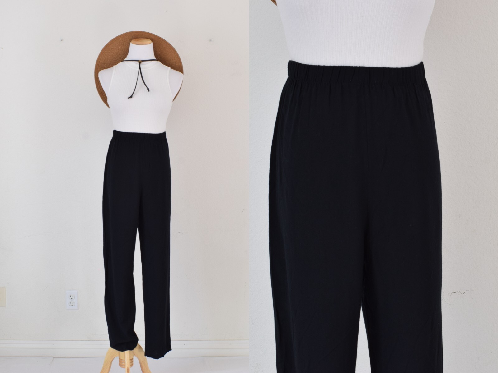 Vintage gathered waist black lounge Rayon pants. Size 12