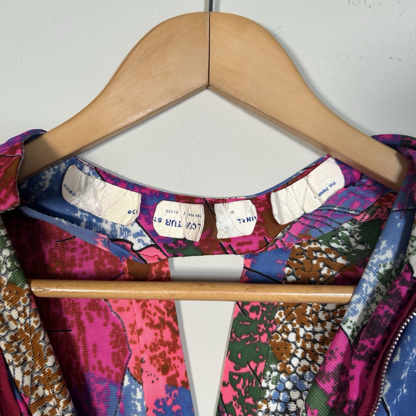 VTG 60s Floral Abstract Mock Neck Hippie Psychedelic Long Maxi Dress Sz M