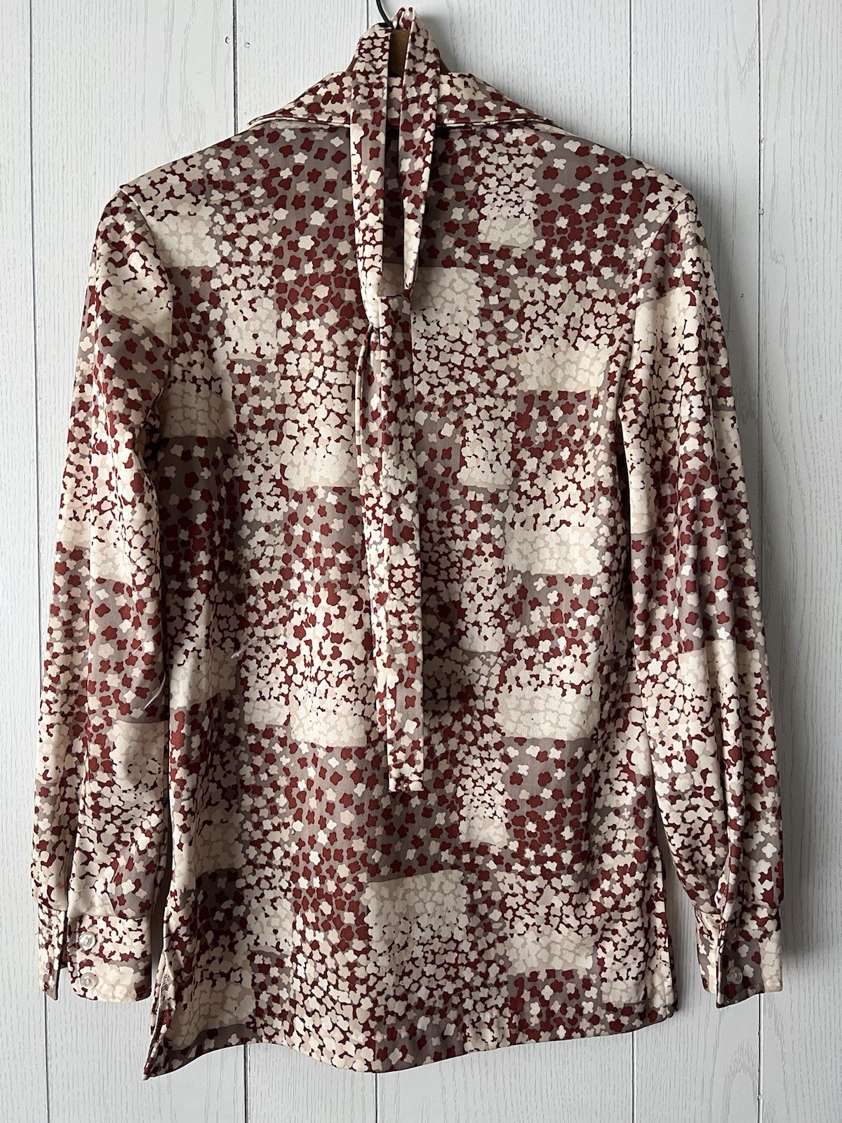 1970s Devon Disco Blouse Geometric Floral Dagger Collar Belted Neutral AOP